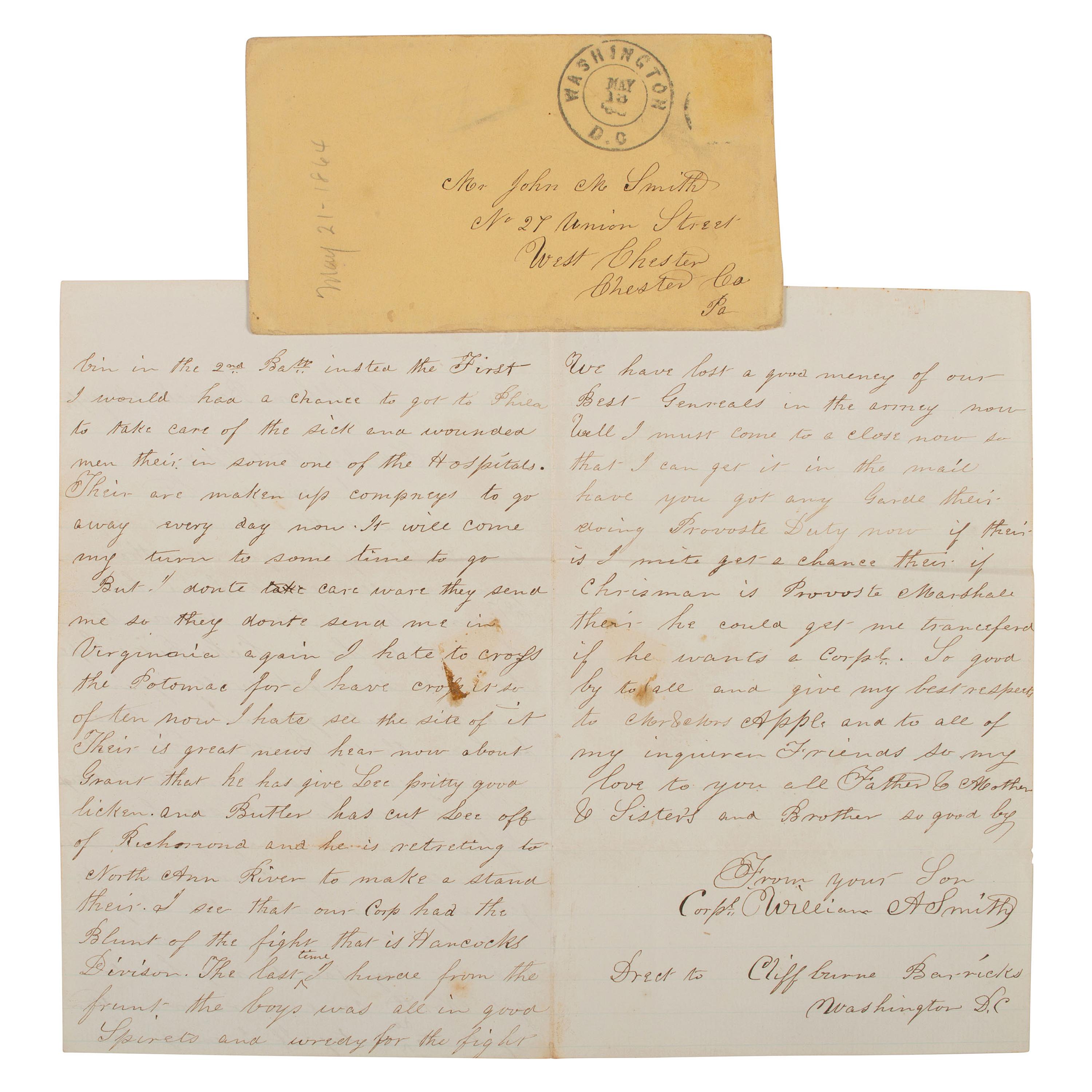 [Civil War]. War-date letter and "Battle Flag" fragment from Corporal William A. Smith, 116th Pennsylvania Regiment, part of the famed Irish Brigade.