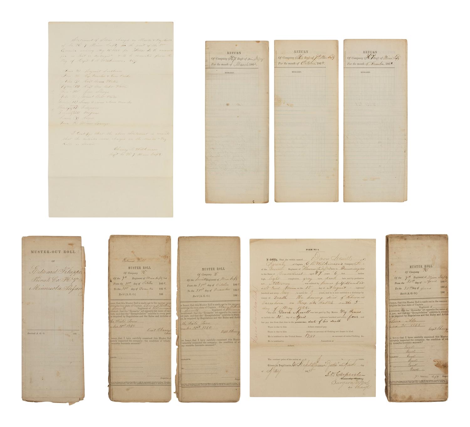 [CIVIL WAR]. Archive of documents from Co. H, 7th Minnesota Infantry, including muster rolls, returns, and more, ca 1864-1865.