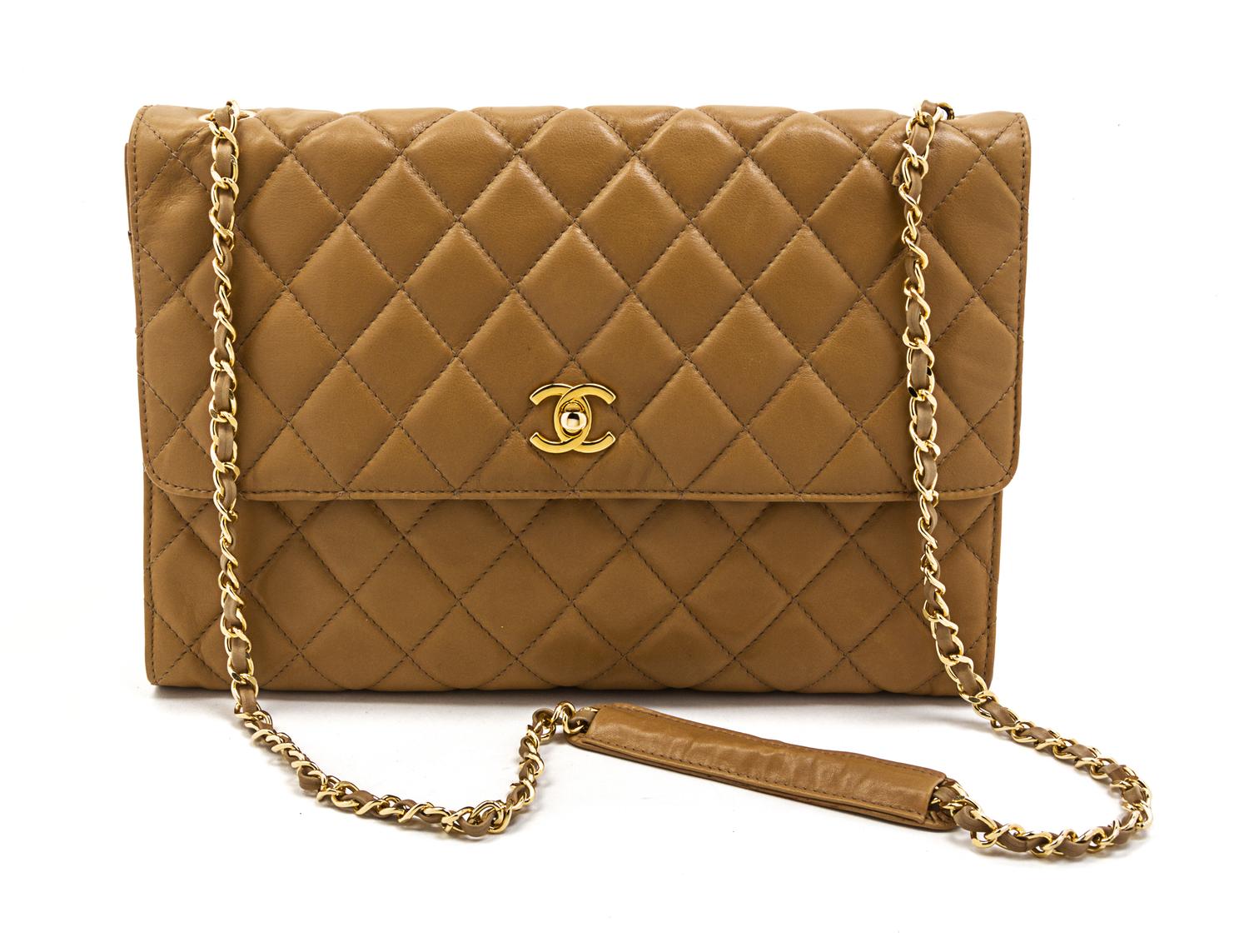 A Chanel Tan Quilted Leather Flap Bag, 12 x 8 x 2 inches.