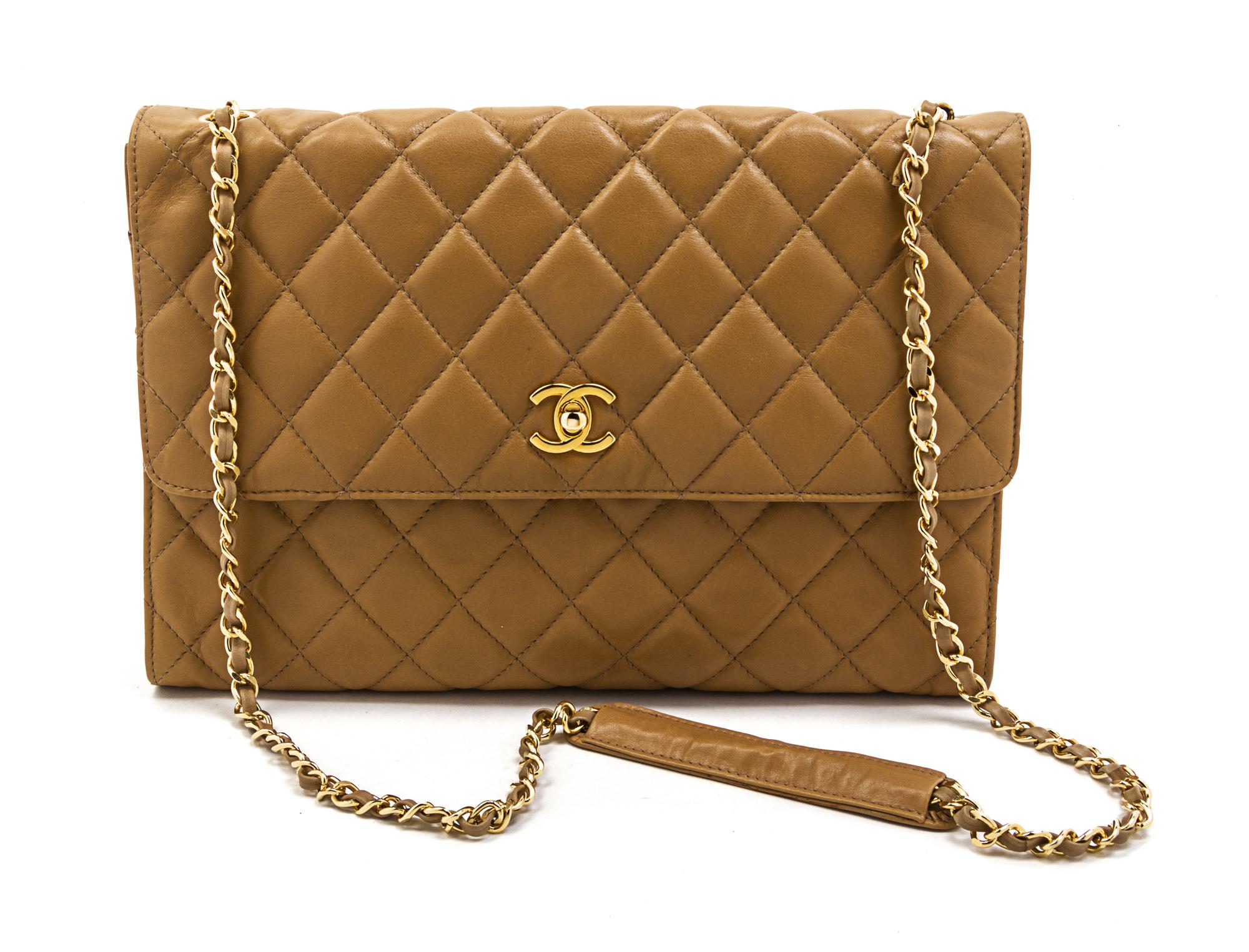 A Chanel Tan Quilted Leather Flap Bag, 12 x 8 x 2 inches.