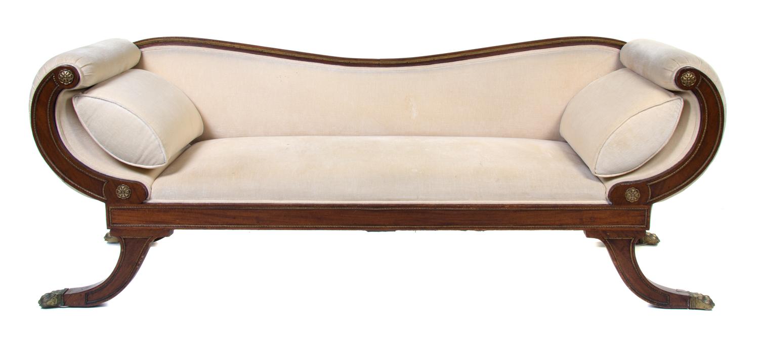 A Regency Style Gilt Metal Mounted Mahogany Sofa Height 33 1/2 x width 88 x depth 26 inches. — LATE 19TH/EARLY 20TH CENTURY