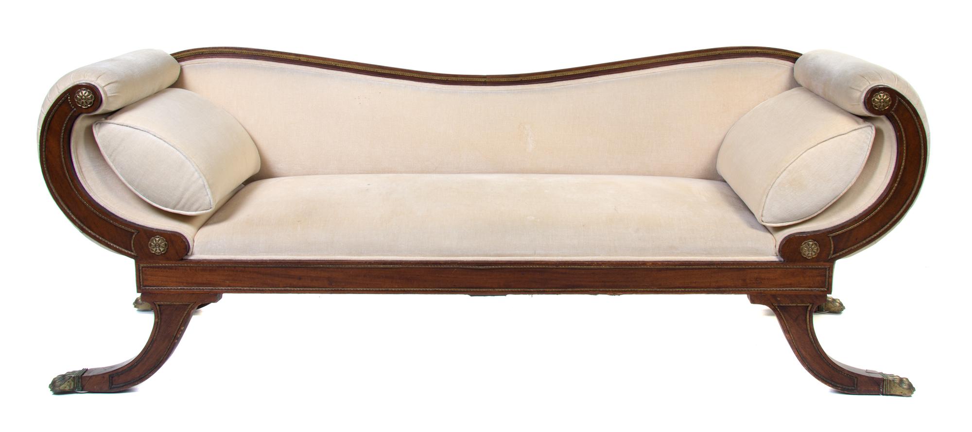 A Regency Style Gilt Metal Mounted Mahogany Sofa Height 33 1/2 x width 88 x depth 26 inches. — LATE 19TH/EARLY 20TH CENTURY