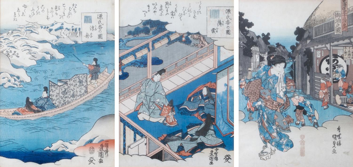 A Group of Three Japanese Woodblock Prints, Kunisada, Height of image 9 3/4 x width 6 3/4 inches.