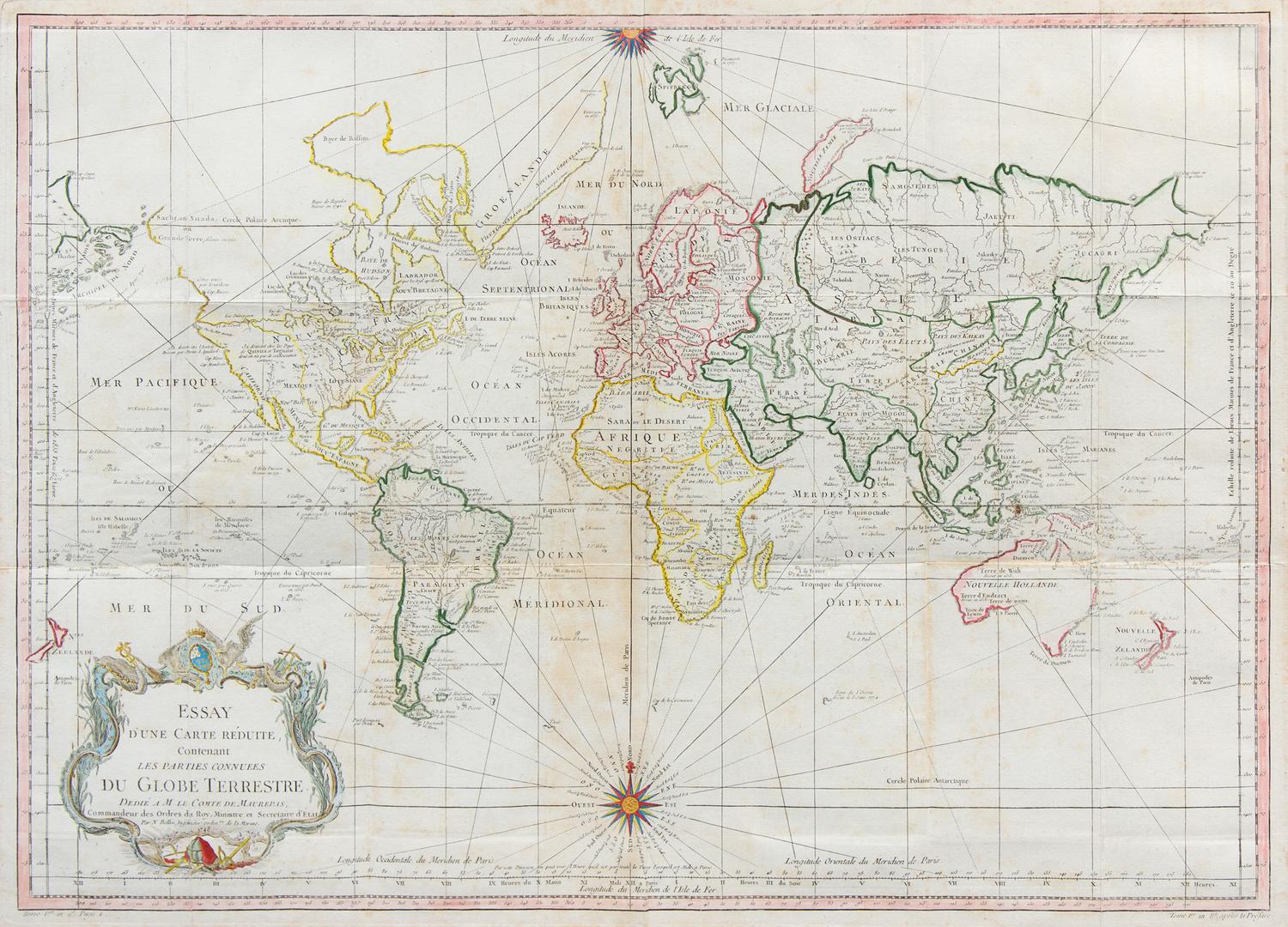 BELLIN, Jacques Nicholas (1703-1772). Essay d'une Carte Reduite, Contenant les Parties Connuees du Globe Terrestre. Paris, 1748.