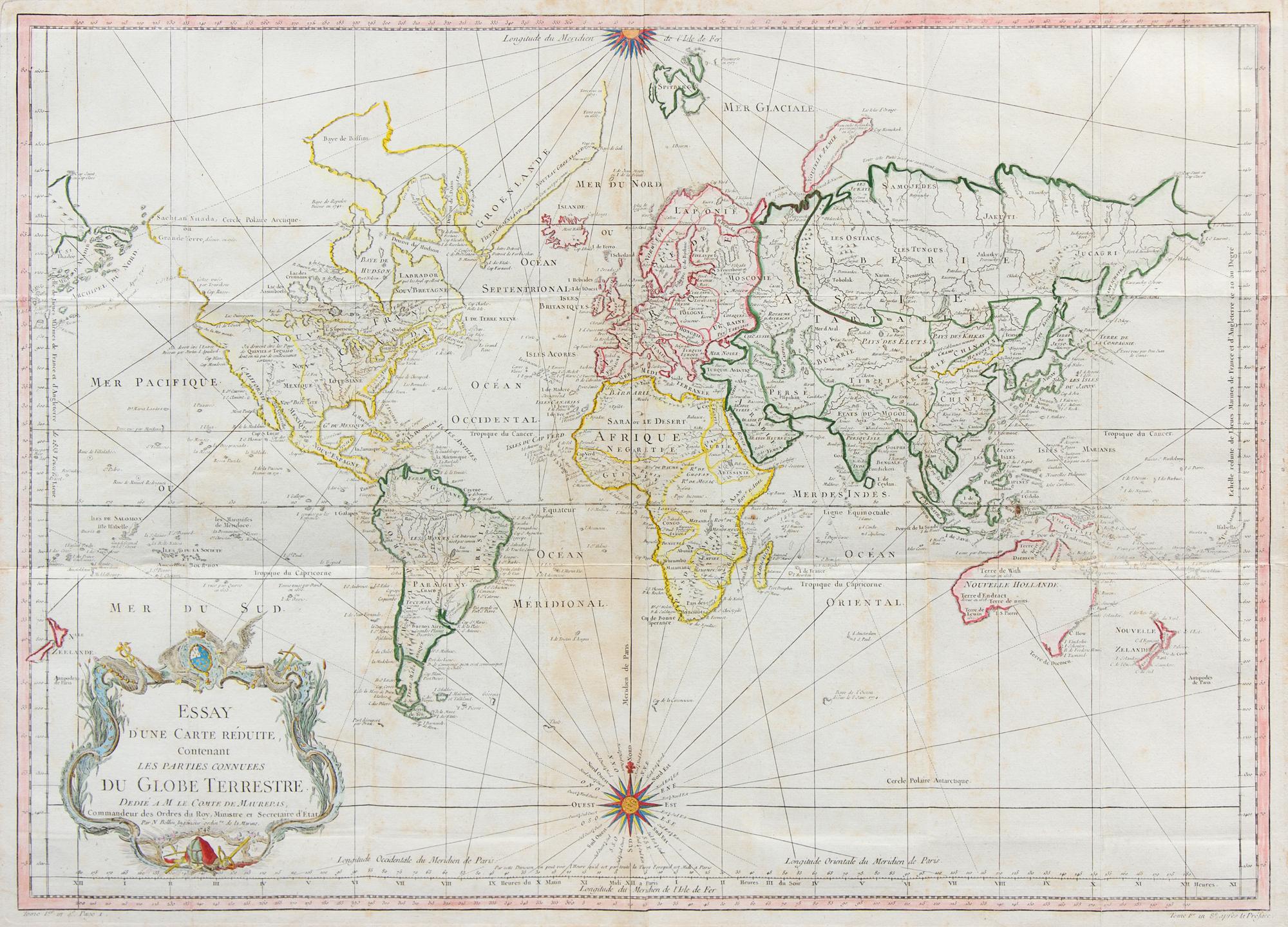 BELLIN, Jacques Nicholas (1703-1772). Essay d'une Carte Reduite, Contenant les Parties Connuees du Globe Terrestre. Paris, 1748.