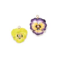COLLECTION OF ANTIQUE ENAMEL AND DIAMOND PANSY PENDANTS/BROOCHES