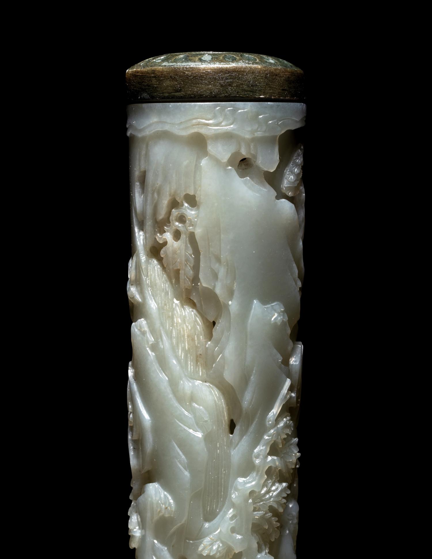 A Pair of Carved Celadon Jade Cylindrical Parfumiers
