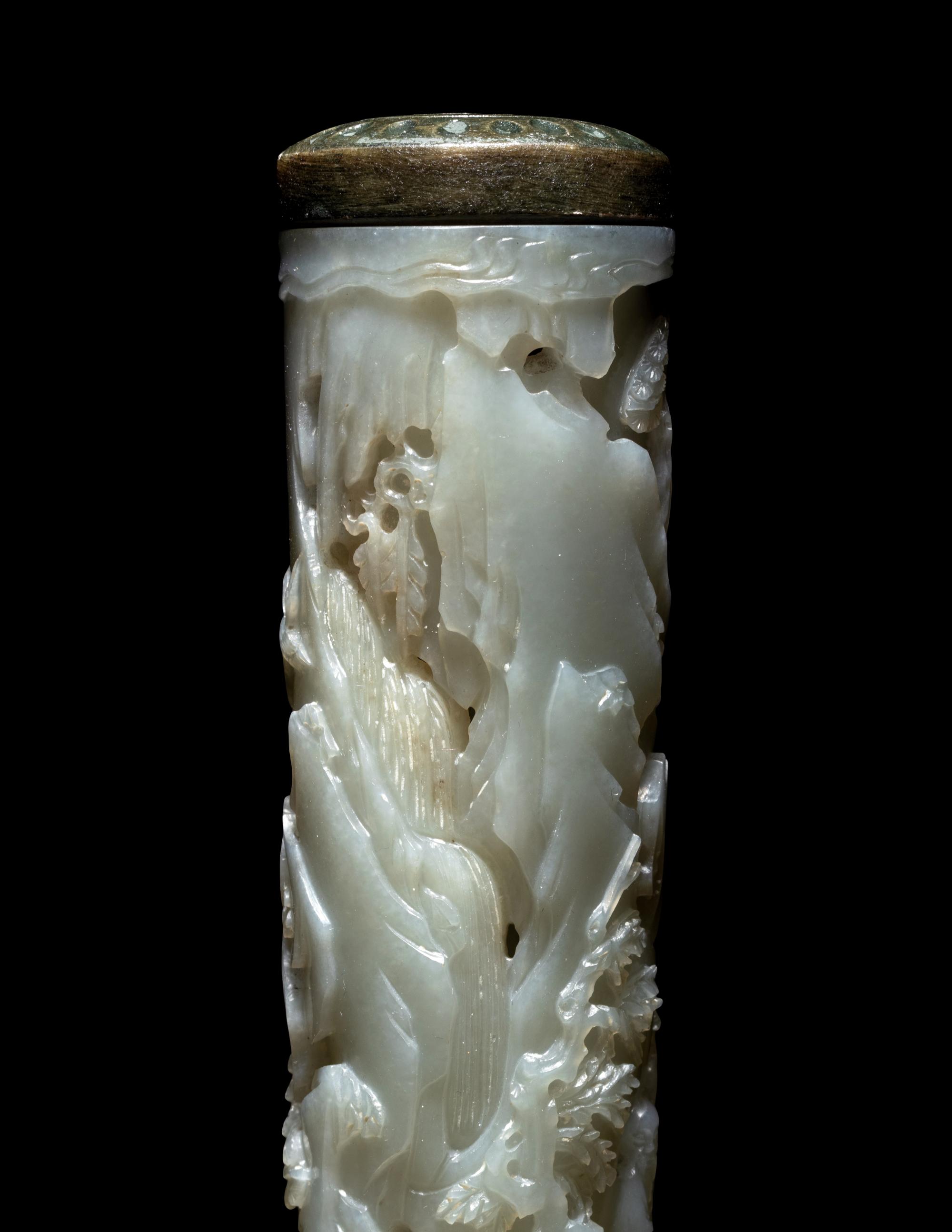 A Pair of Carved Celadon Jade Cylindrical Parfumiers