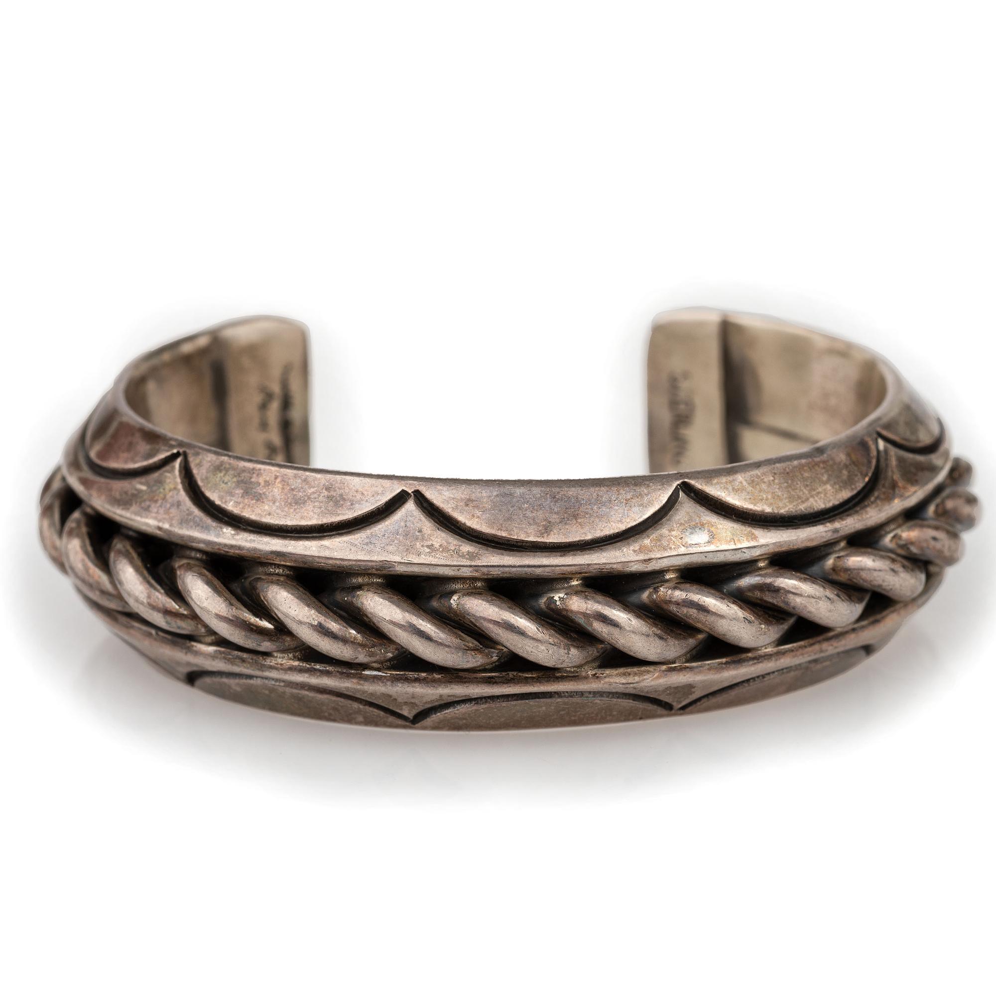 Heavy Stamped Sterling Silver and Twisted Wire Cuff Bracelet