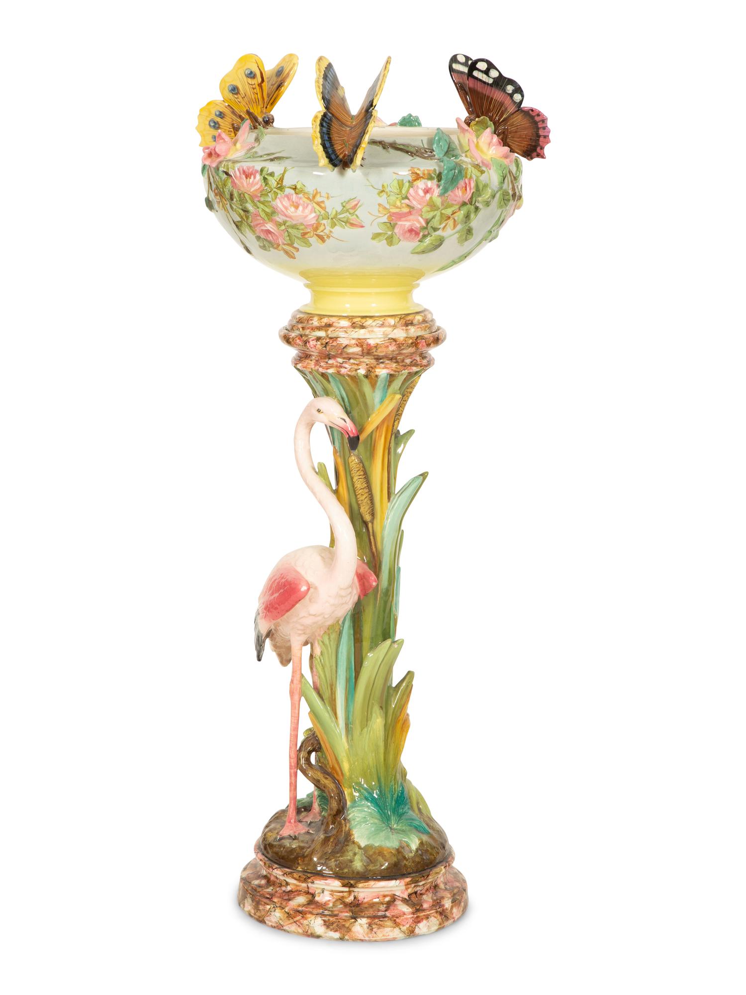 A Jerome Massier for Vallauris Majolica Roses and Butterfly Jardiniere on a Flamingo Pestal