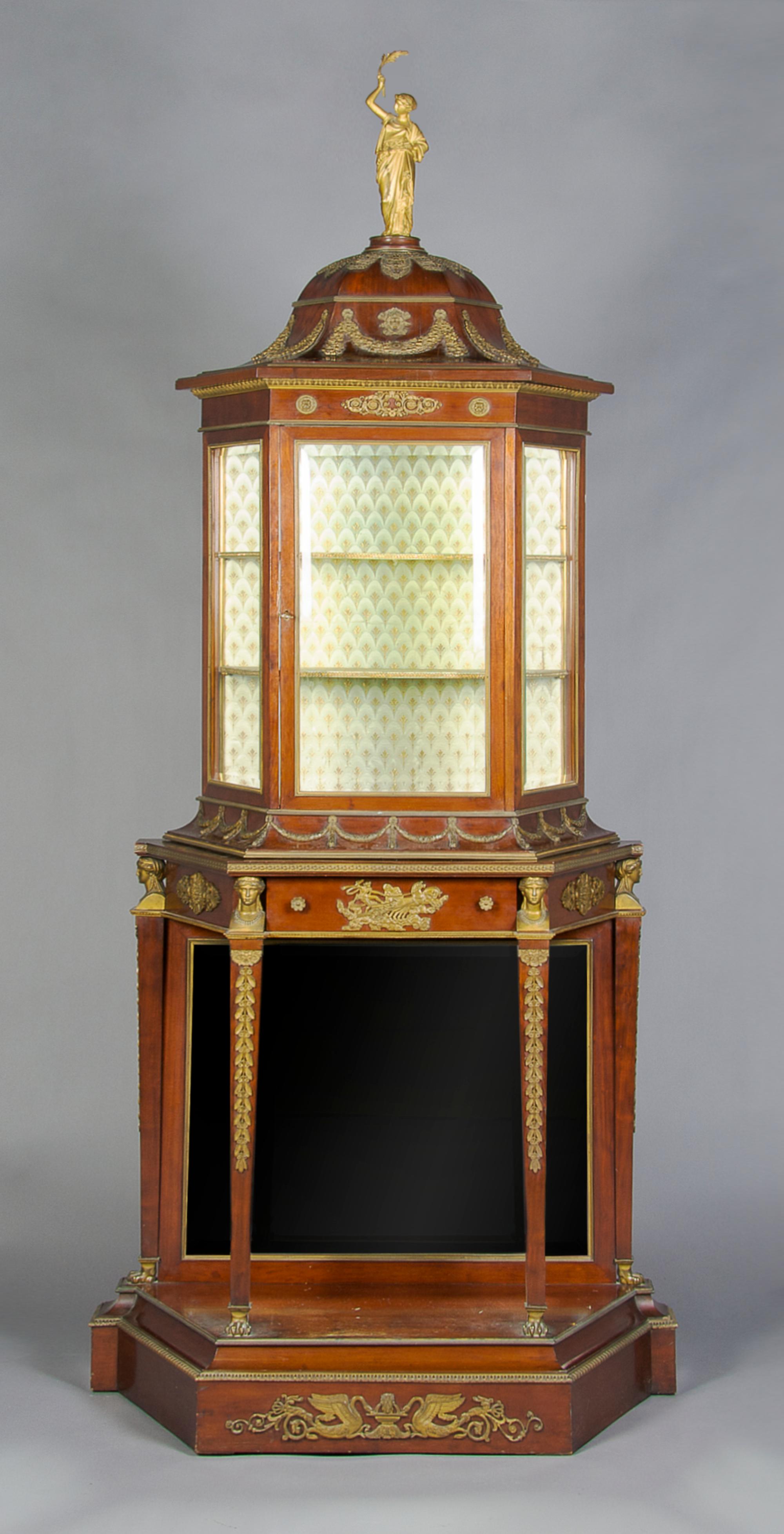 A Louis XVI Style Gilt Metal Mounted Vitrine, Height 89 x width 33 x depth 15 inches.
