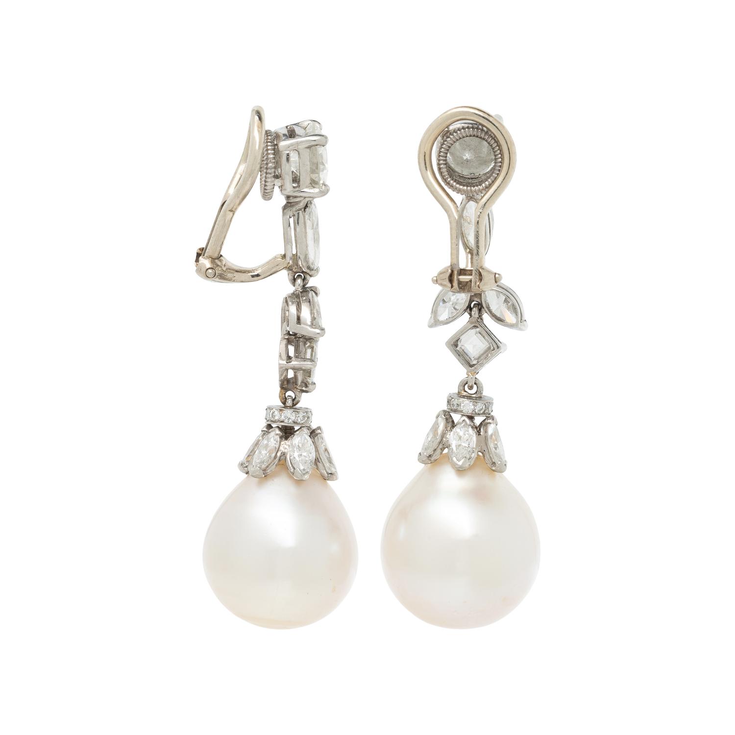 CULTURED PEARL AND DIAMOND DROP EARRINGS