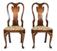 Two Queen Anne Style Mahogany Side Chairs and a Chippendale Style Footstool Height of chair 40 1/2 inches. — 20TH CENTURY