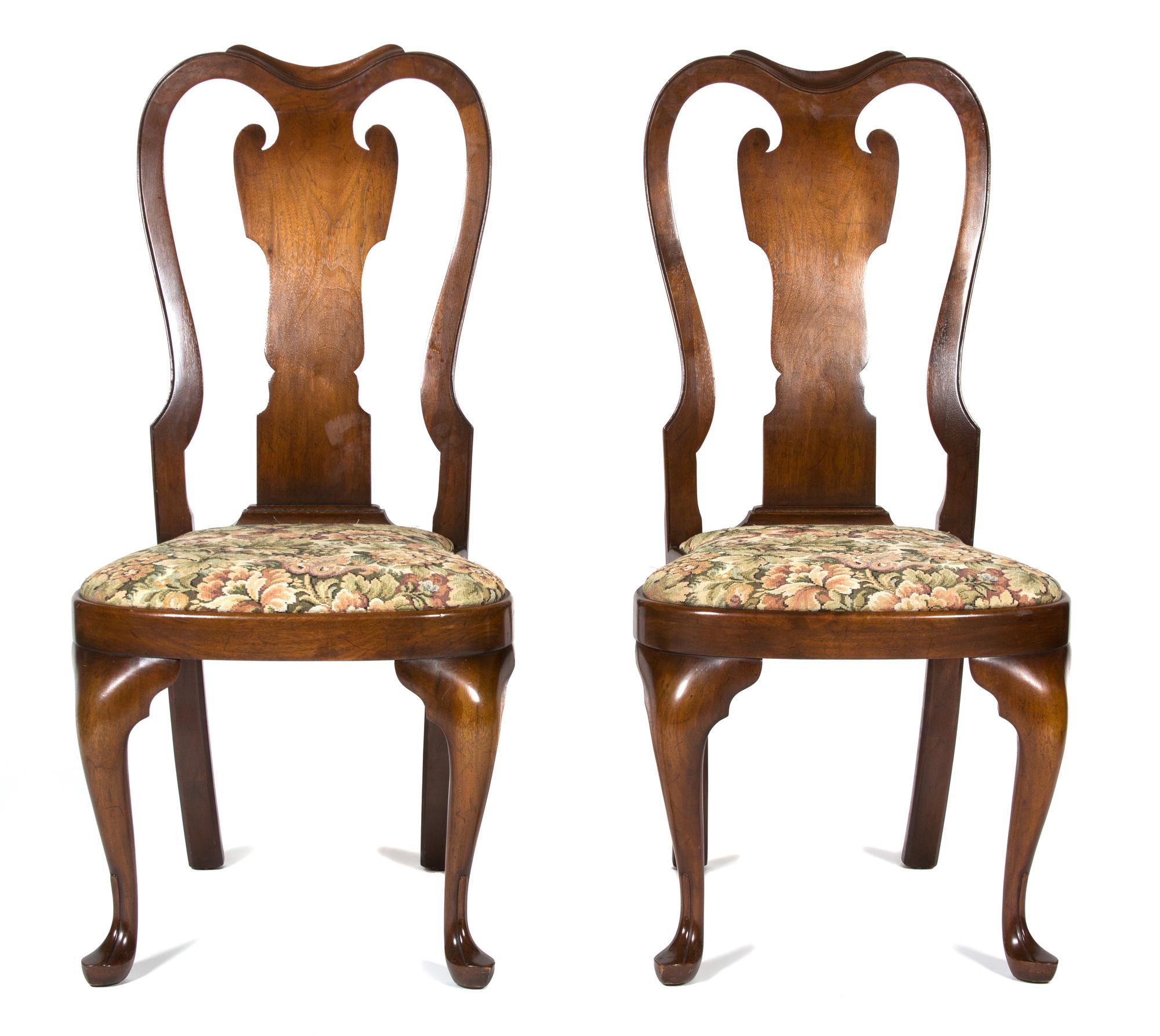 Two Queen Anne Style Mahogany Side Chairs and a Chippendale Style Footstool Height of chair 40 1/2 inches. — 20TH CENTURY