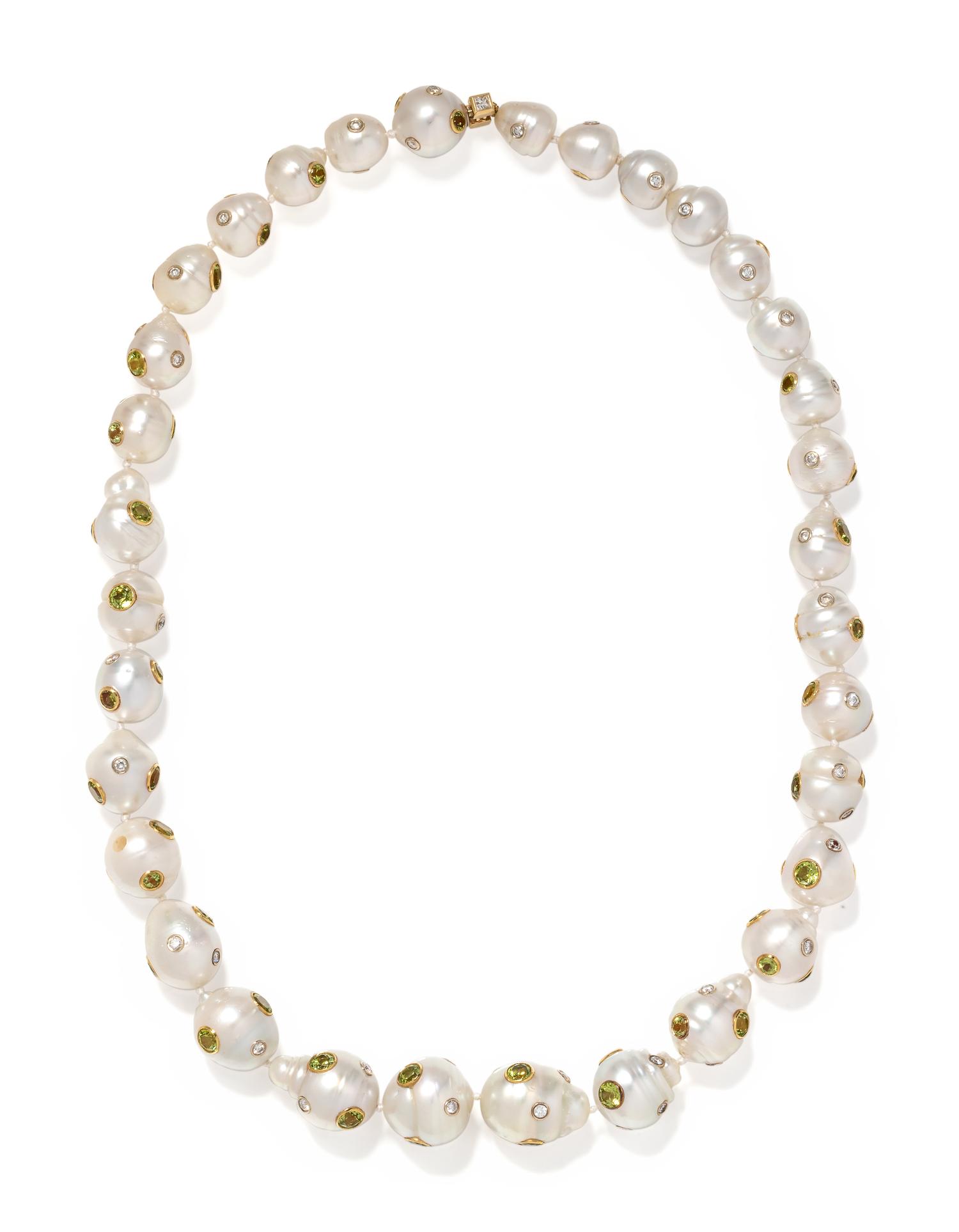 CHRISTOPHER WALLING, CULTURED BAROQUE PEARL, DIAMOND AND PERIDOT NECKLACE