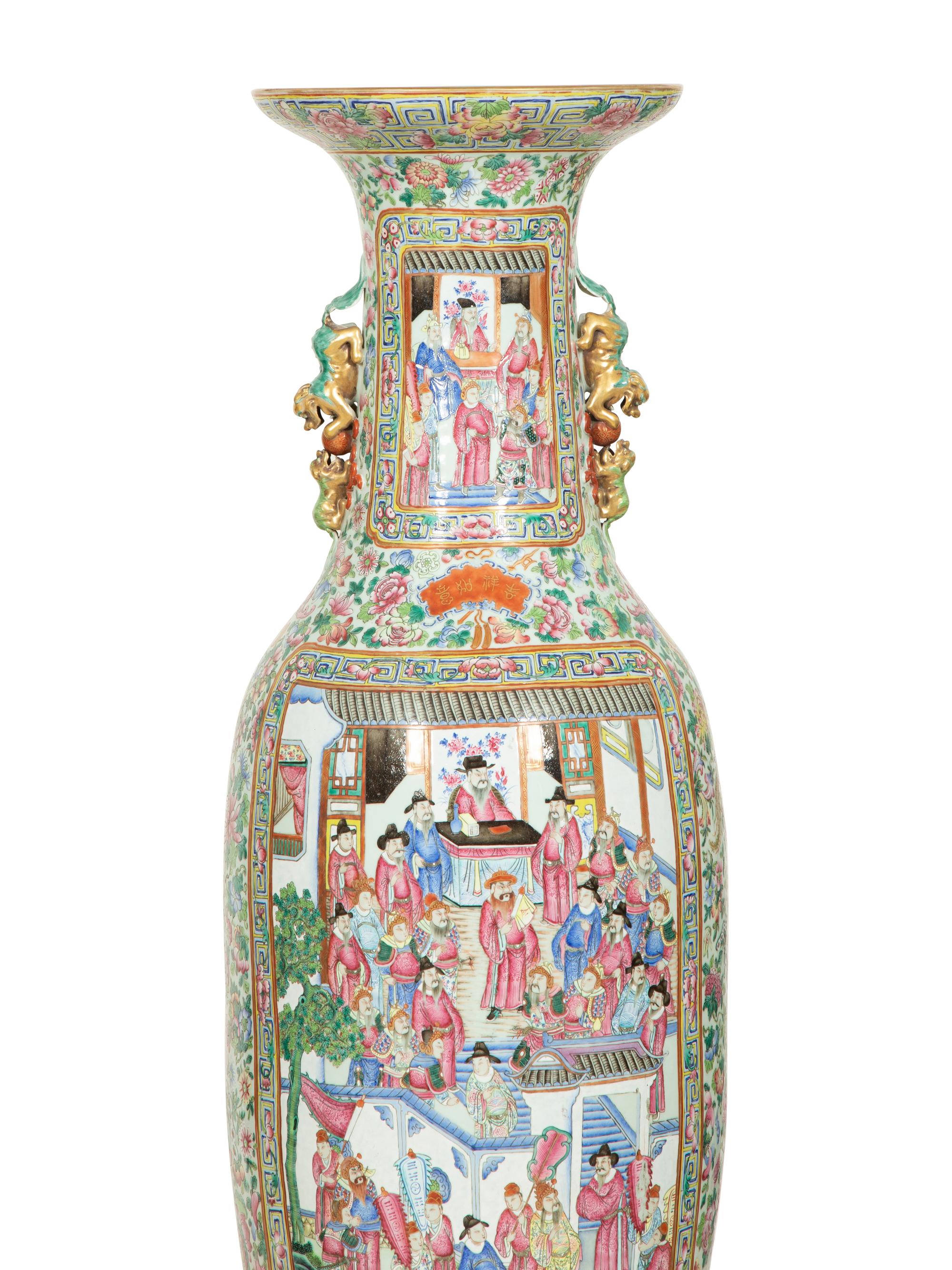 A Pair of Large Chinese Canton Style Porcelain Floor Vases on Giltwood Stands