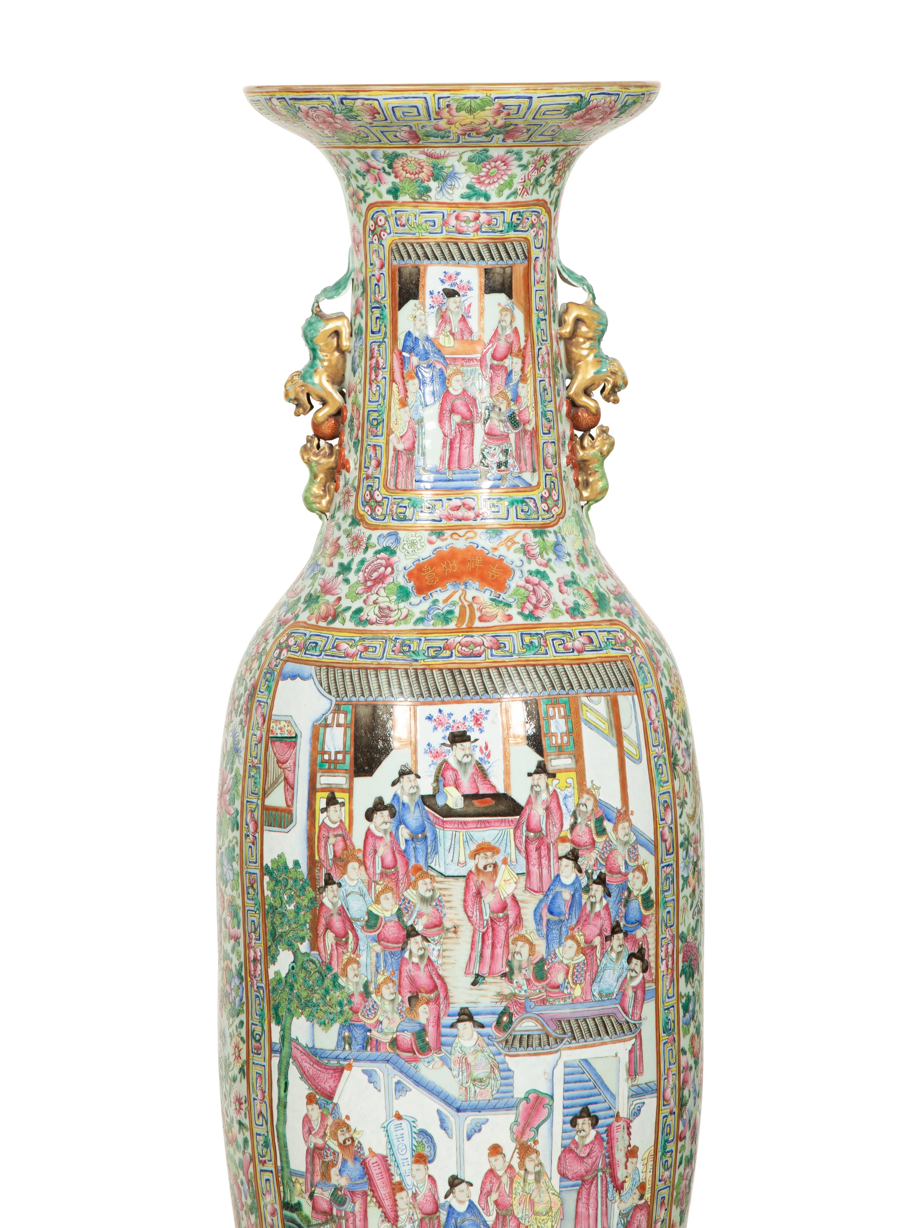 A Pair of Large Chinese Canton Style Porcelain Floor Vases on Giltwood Stands