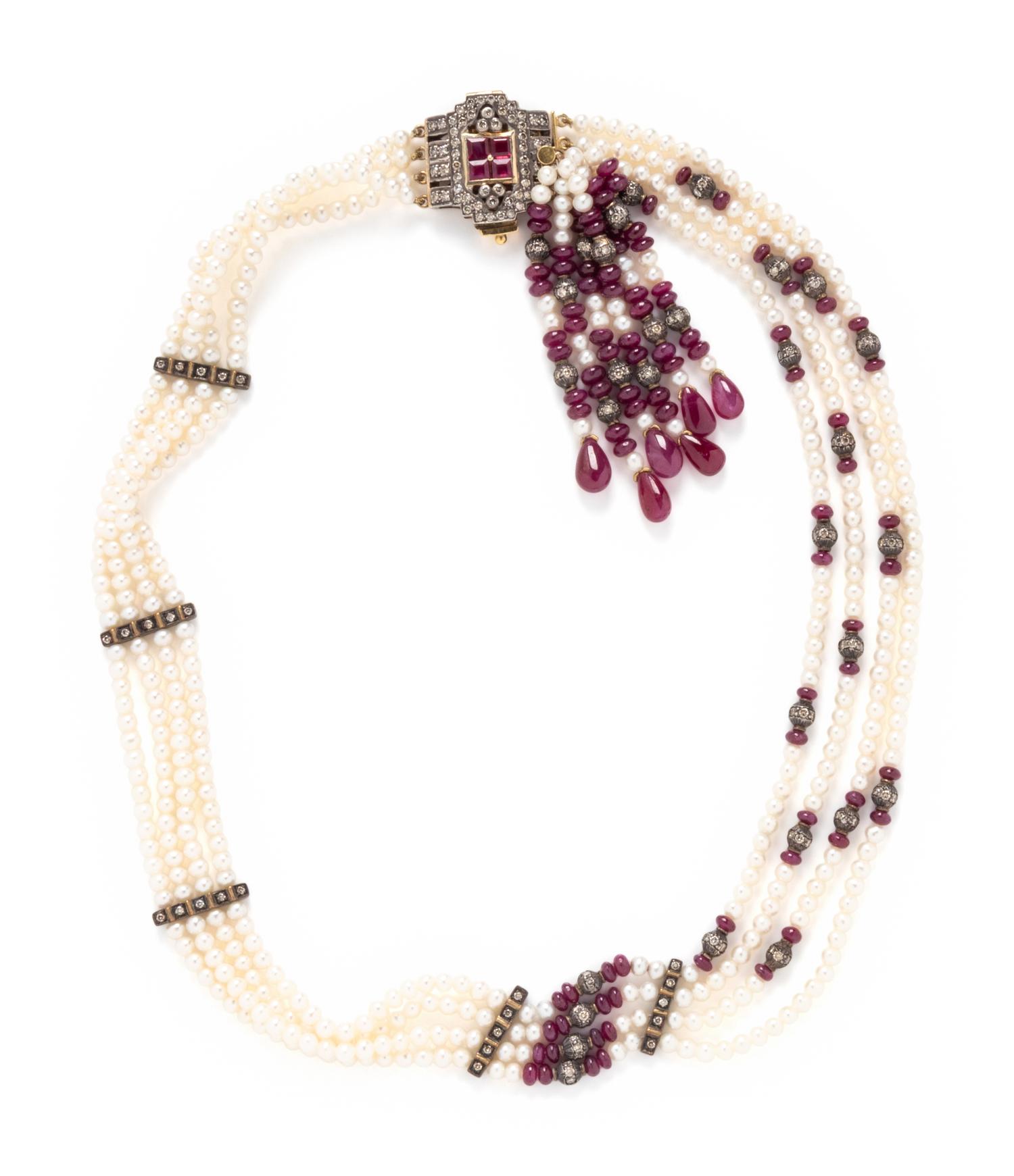 RUBY, DIAMOND, AND CULTURED PEARL TASSEL NECKLACE
