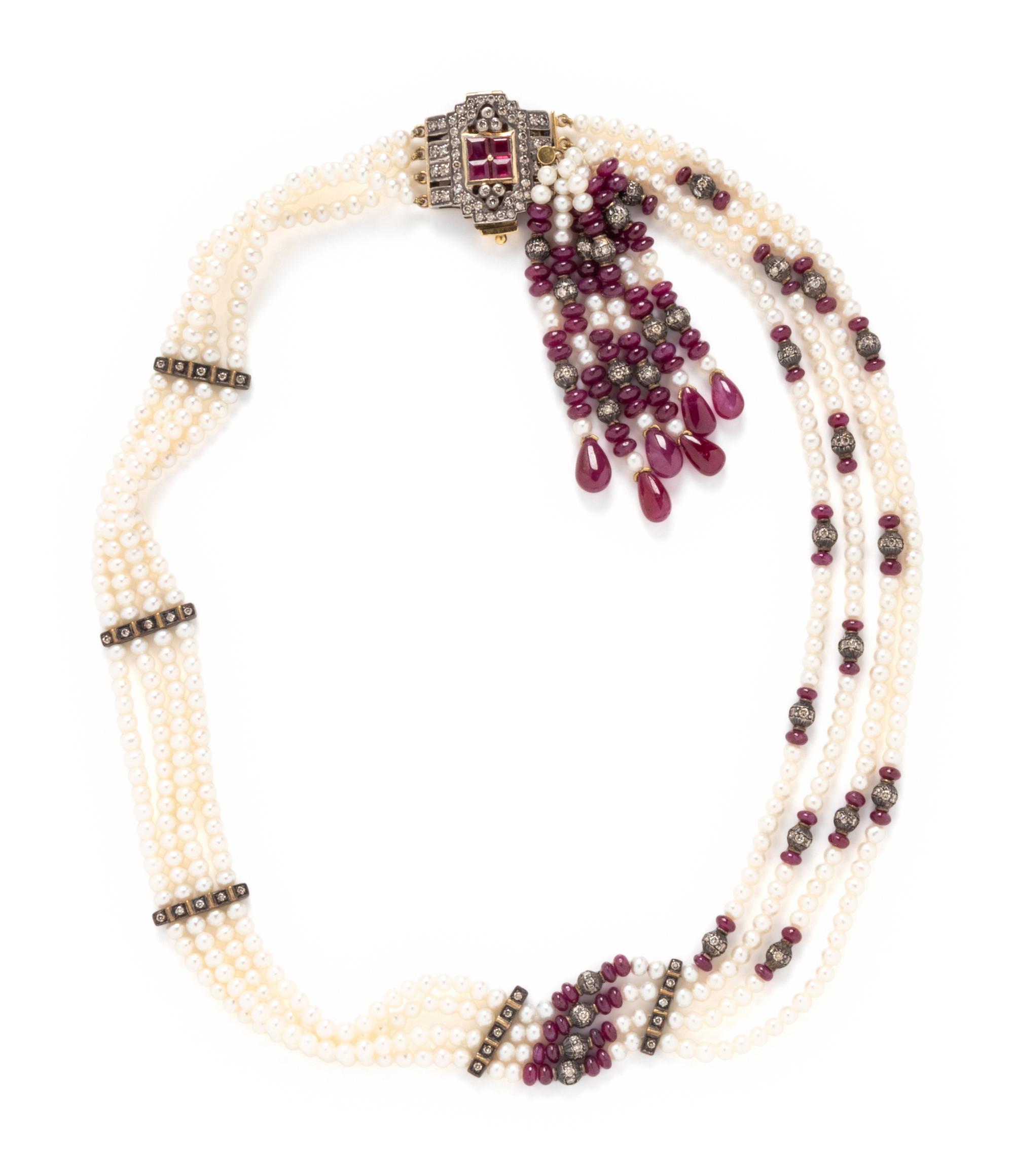 RUBY, DIAMOND, AND CULTURED PEARL TASSEL NECKLACE