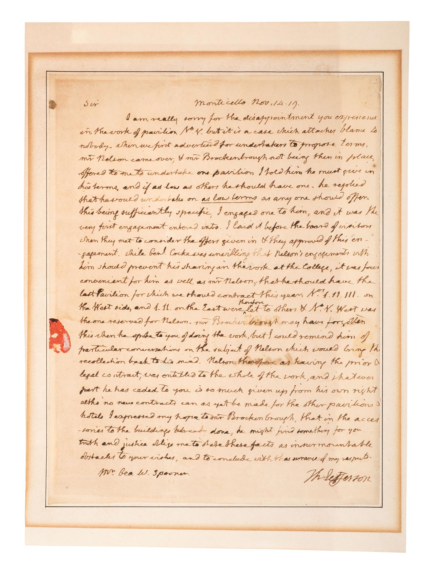 JEFFERSON, Thomas (1743-1826). Autograph letter signed ("Th: Jefferson"), to George W. Spooner. Monticello, 14 November 1819.