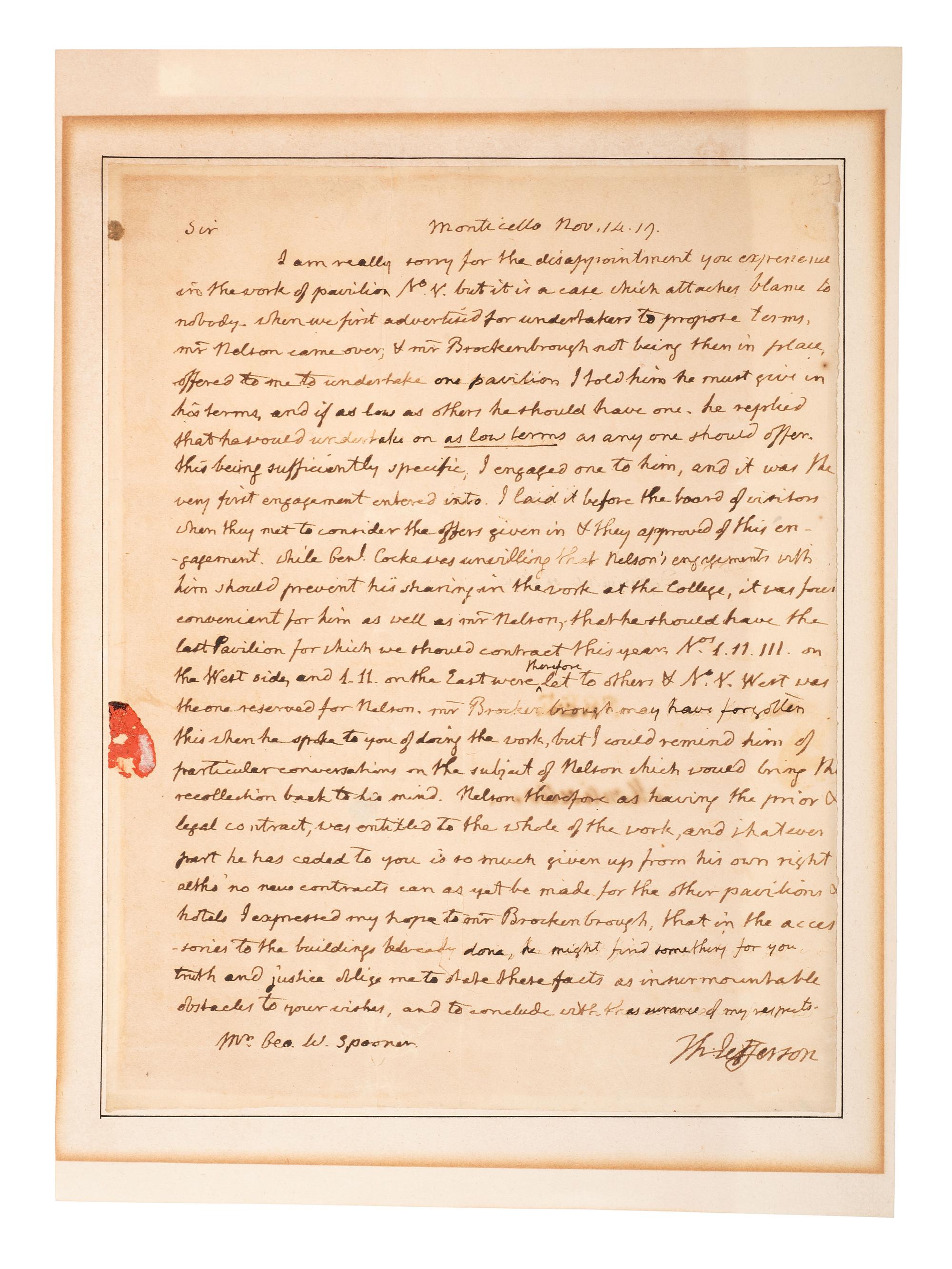 JEFFERSON, Thomas (1743-1826). Autograph letter signed ("Th: Jefferson"), to George W. Spooner. Monticello, 14 November 1819.