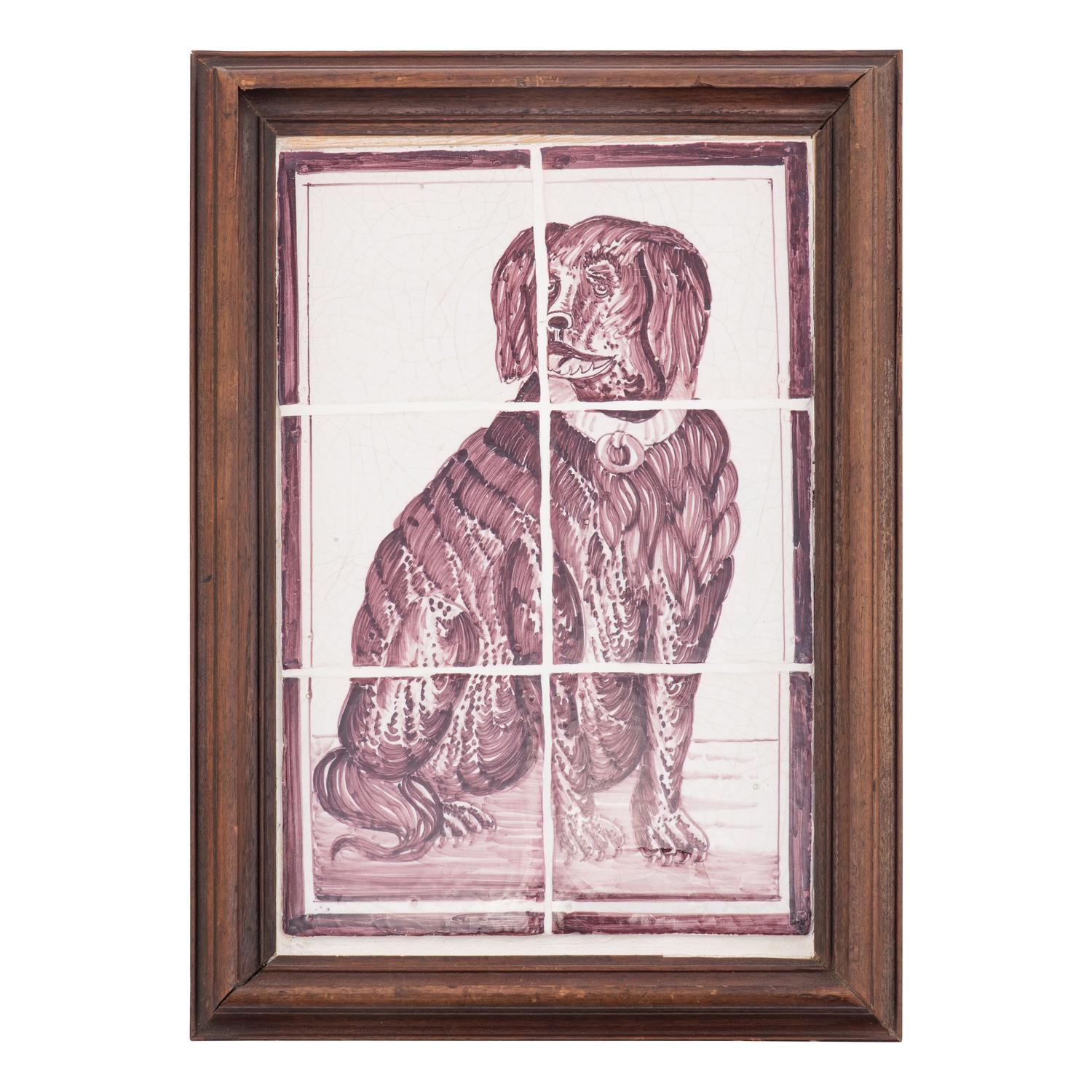 A Pair of Framed White and Sepia Glazed Tile Panels of Dogs