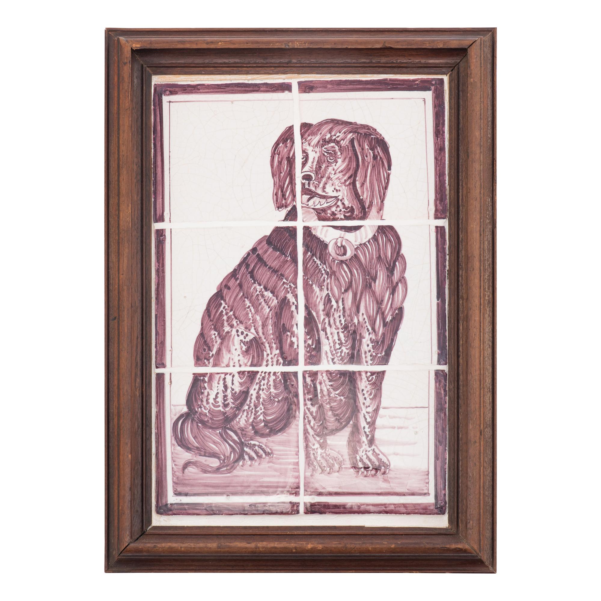 A Pair of Framed White and Sepia Glazed Tile Panels of Dogs