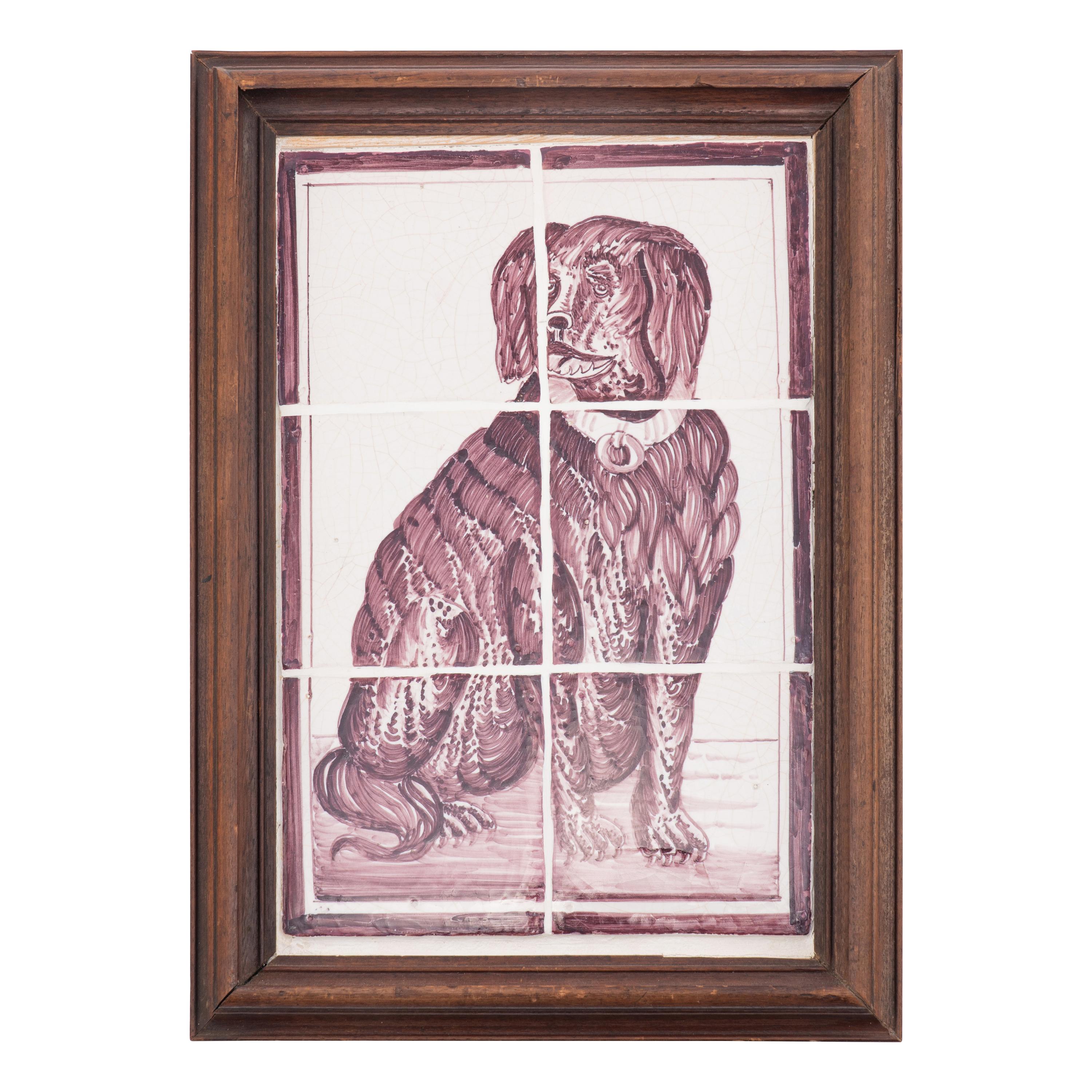 A Pair of Framed White and Sepia Glazed Tile Panels of Dogs