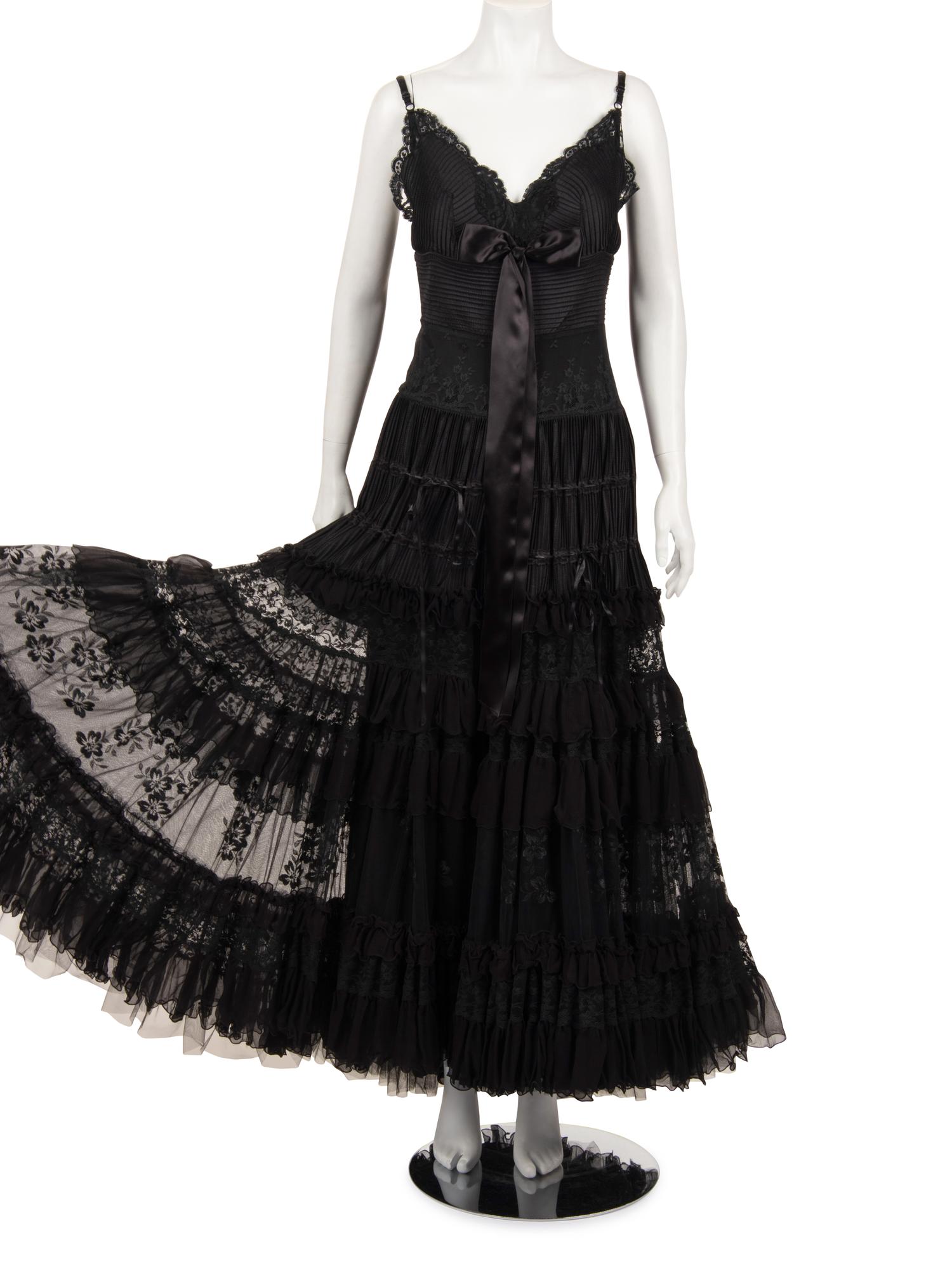 Elie Saab Strapless Evening Dress with Pintucks, Lace, and Ruffles, 2010s