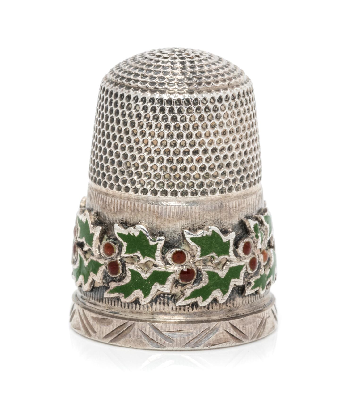 A Victorian Silver and Enamel Thimble, James Fenton, Birmingham, 1892, the knurled top and body above a polychrome enamel band decorate