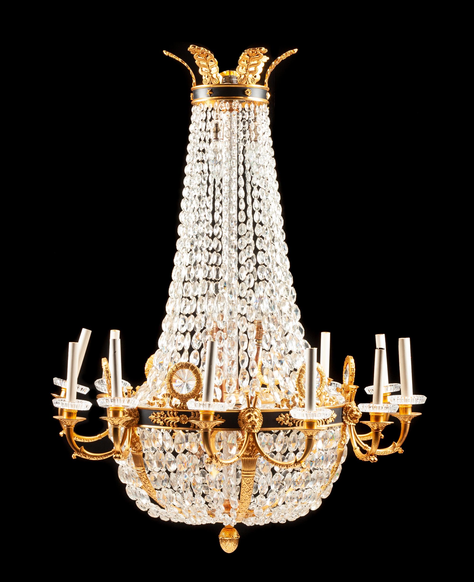 An Empire Style Gilt and Patinated Bronze Twelve-Light Chandelier Height 46 x diameter 35 inches.