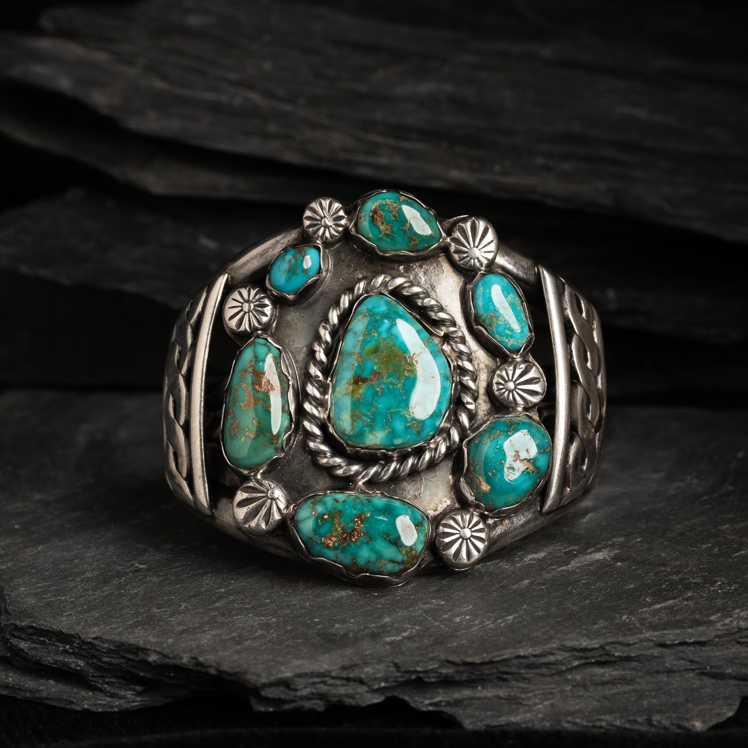 Navajo Silver and Royston Turquoise Cluster Cuff Bracelet