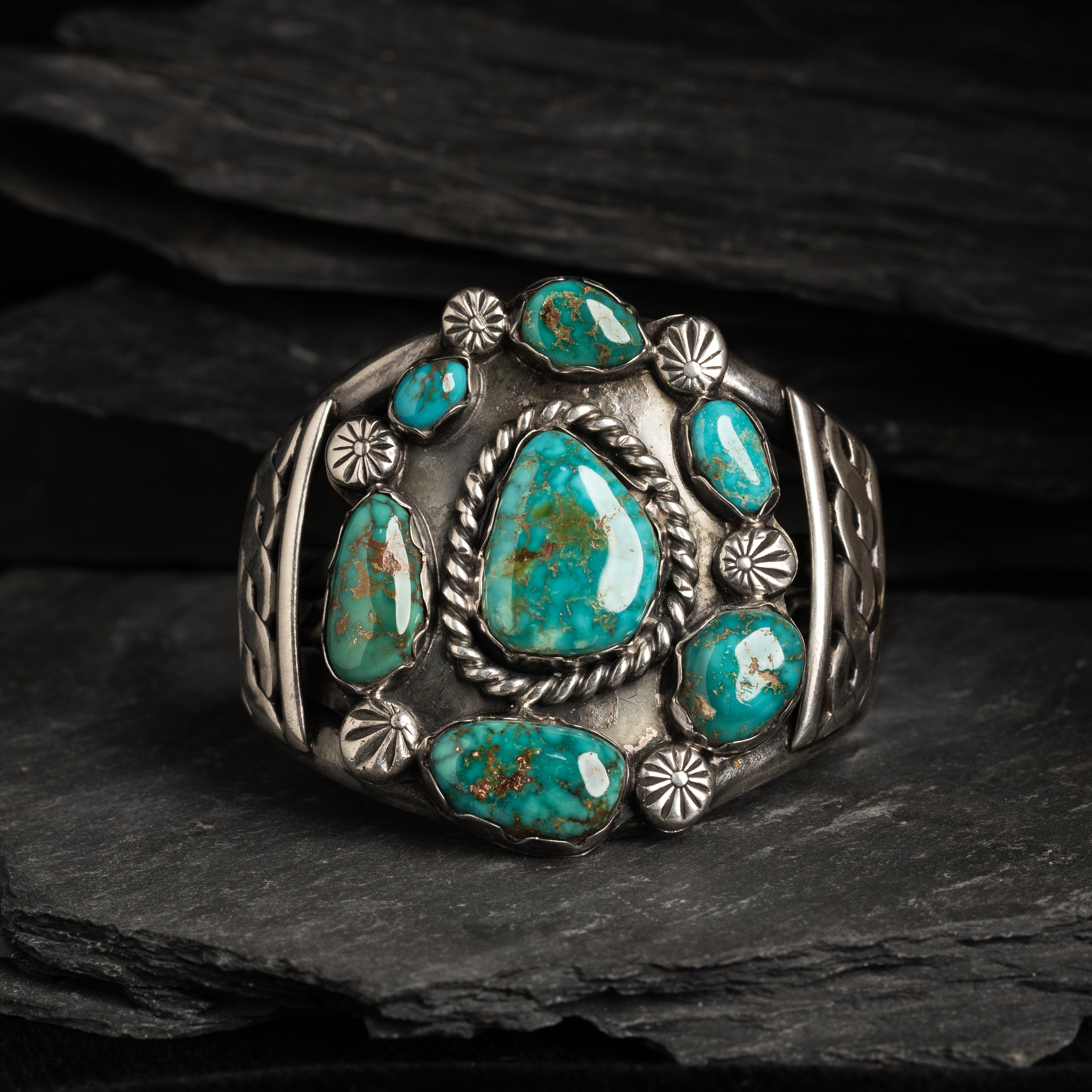 Navajo Silver and Royston Turquoise Cluster Cuff Bracelet