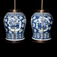 A Pair of Chinese Blue and White ' Bogu ' Motif Porcelain General Jars, 19th Century 晚清 青花博古圖將軍罐一對