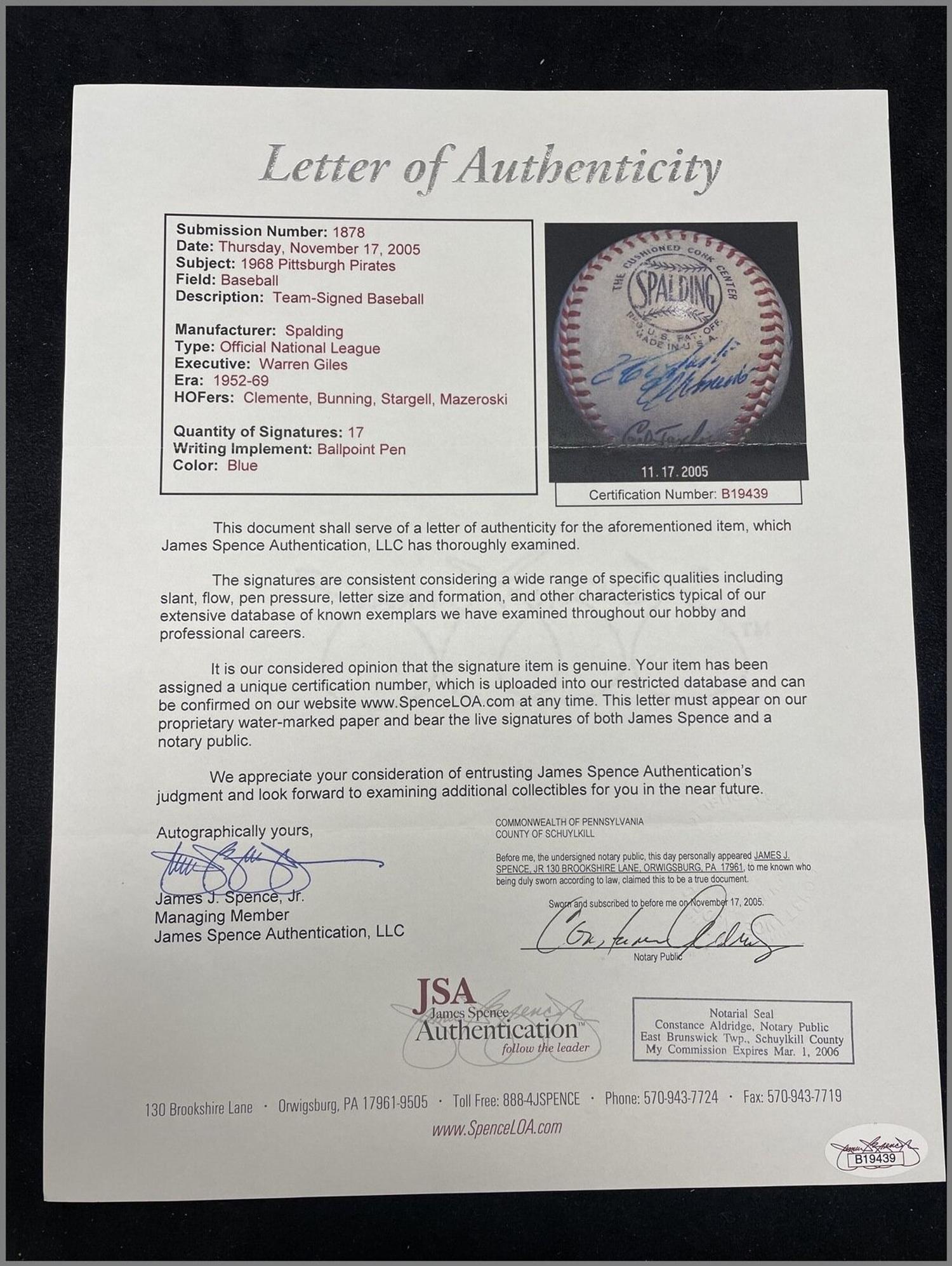 A 1968 Pittsburgh Pirates Team Signed Autograph Baseball Featuring Roberto Clemente (JSA Letter of Authenticity),