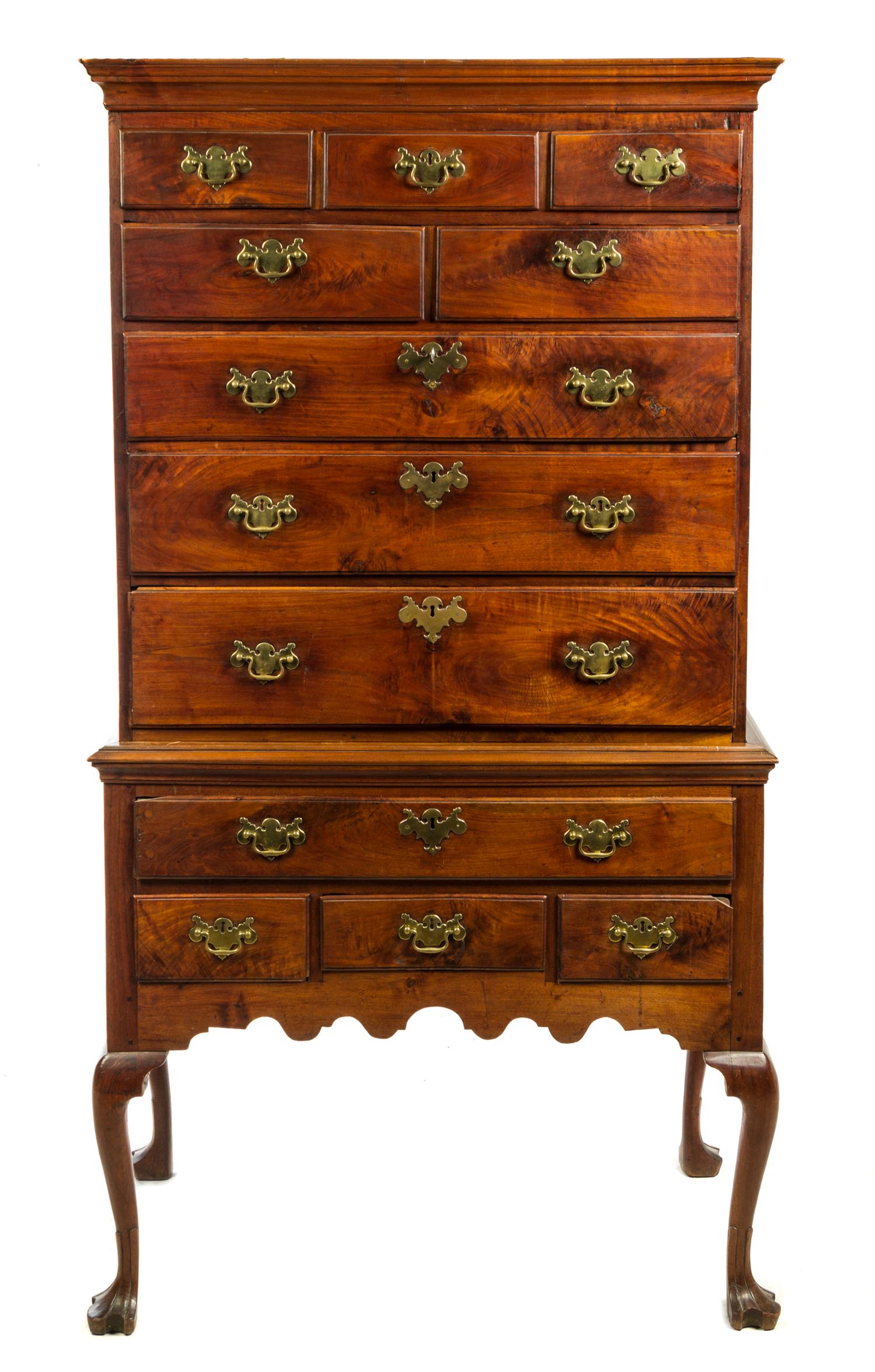 An American Walnut Highboy Height 77 x width 41 1/2 x depth 24 inches. — NEW ENGLAND, LATE 18TH CENTURY