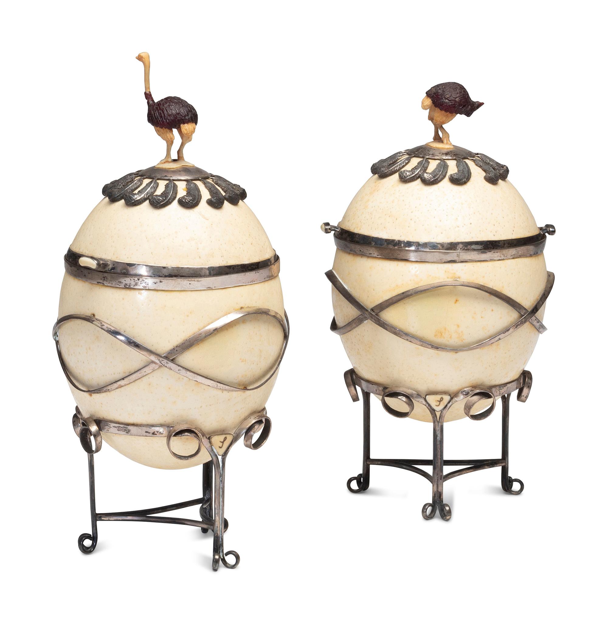 Two Silver-Mounted Ostrich Eggs