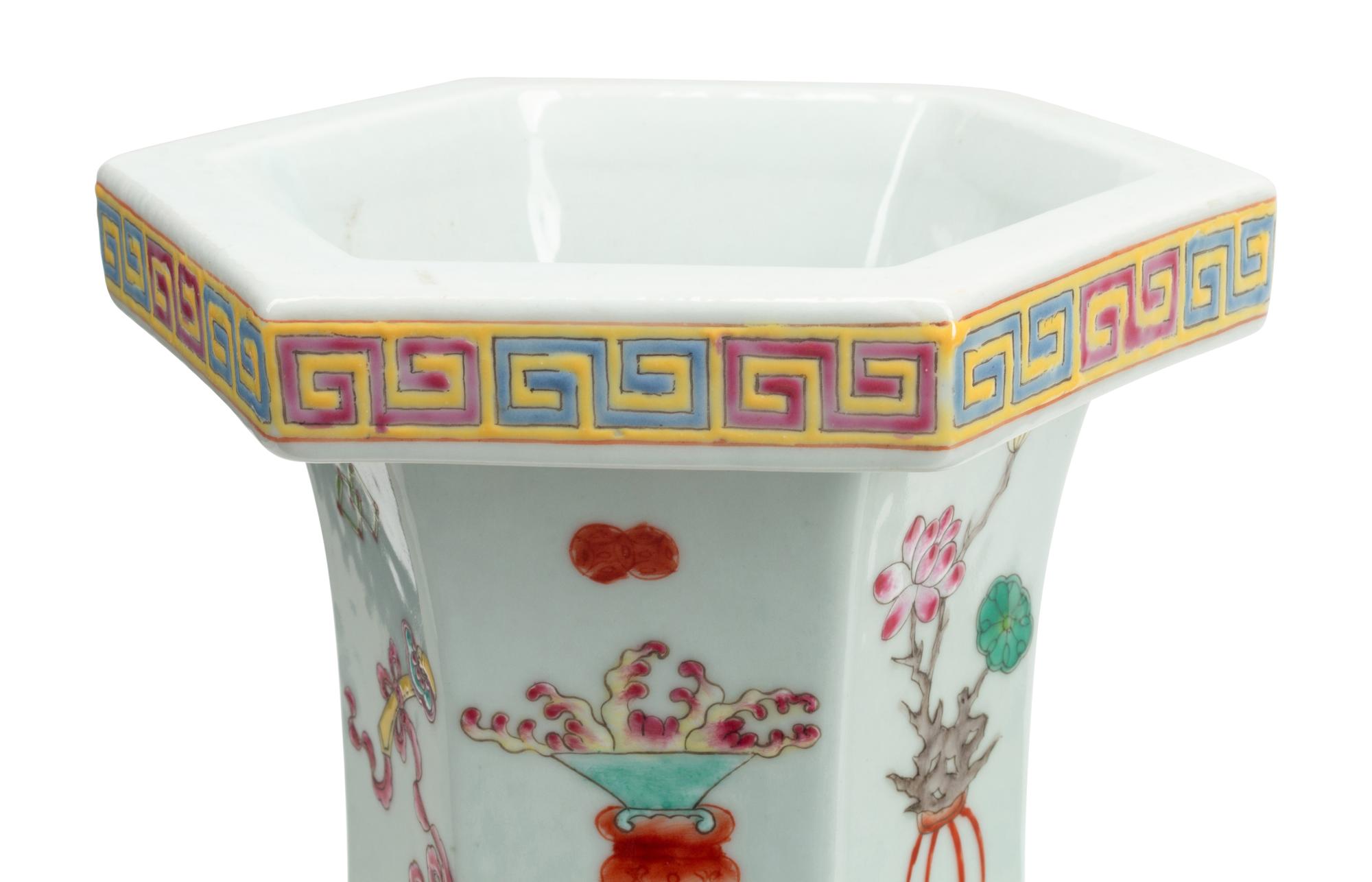 A Pair of Polychrome Porcelain Hexagonal Vases