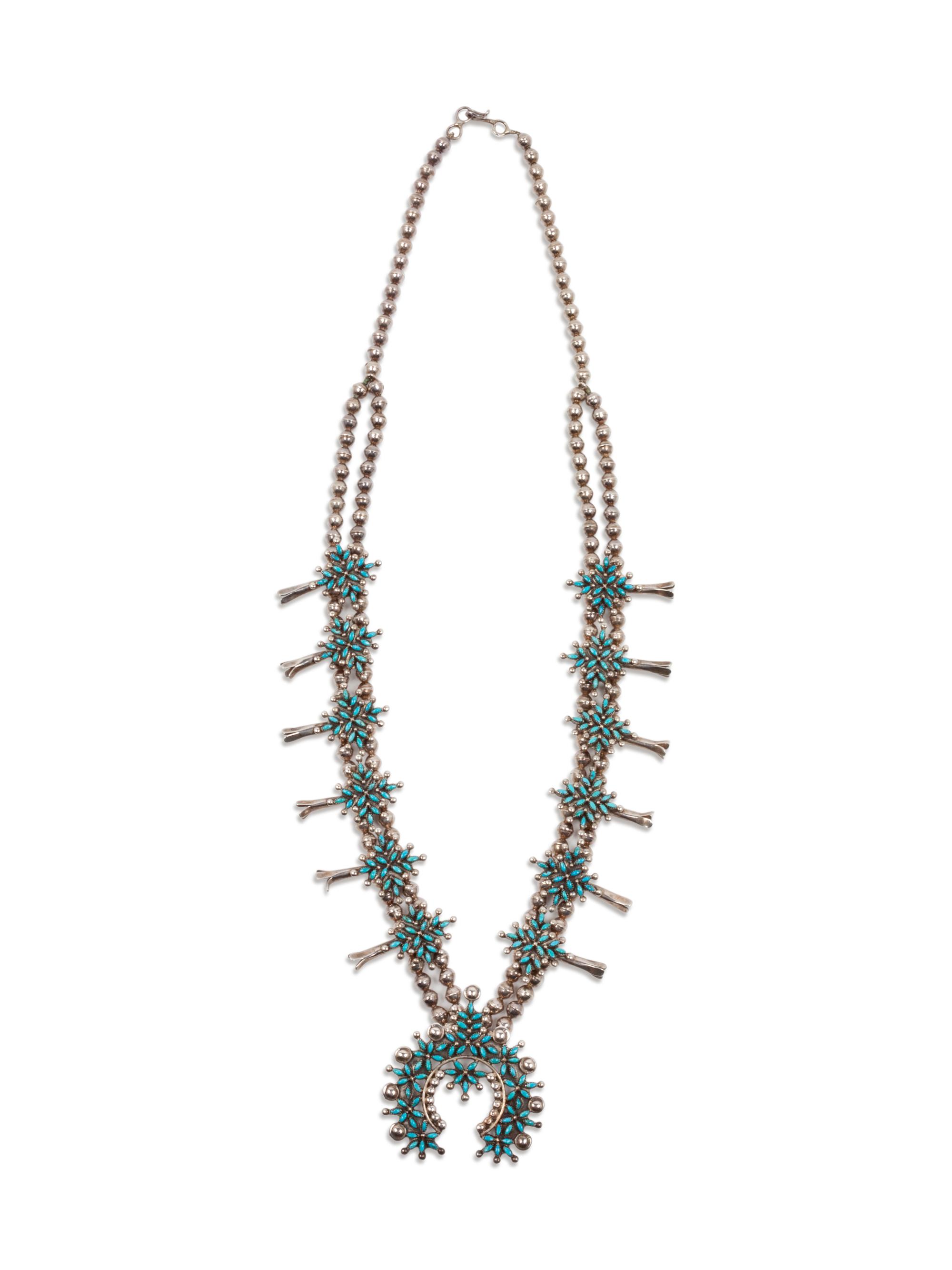Zuni Silver and Petit Point Turquoise Squash Blossom Necklace