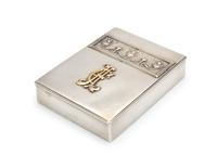A Russian Silver Table-Top Cigarette Case, Spurious Faberge Marks Overstriking Another Mark, Late 19th/Early 20th Century, the lid with
