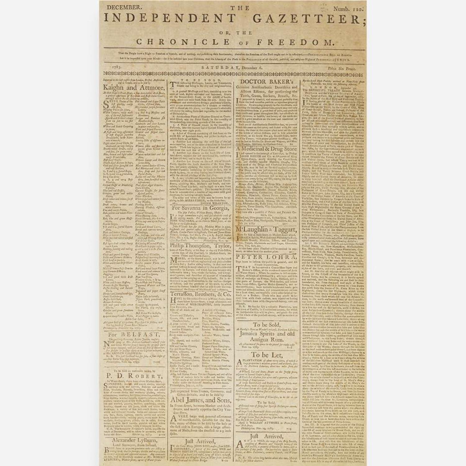 [American Revolution] [Treaty of Paris] The Independent Gazetteer Or, the Chronicle of Freedom