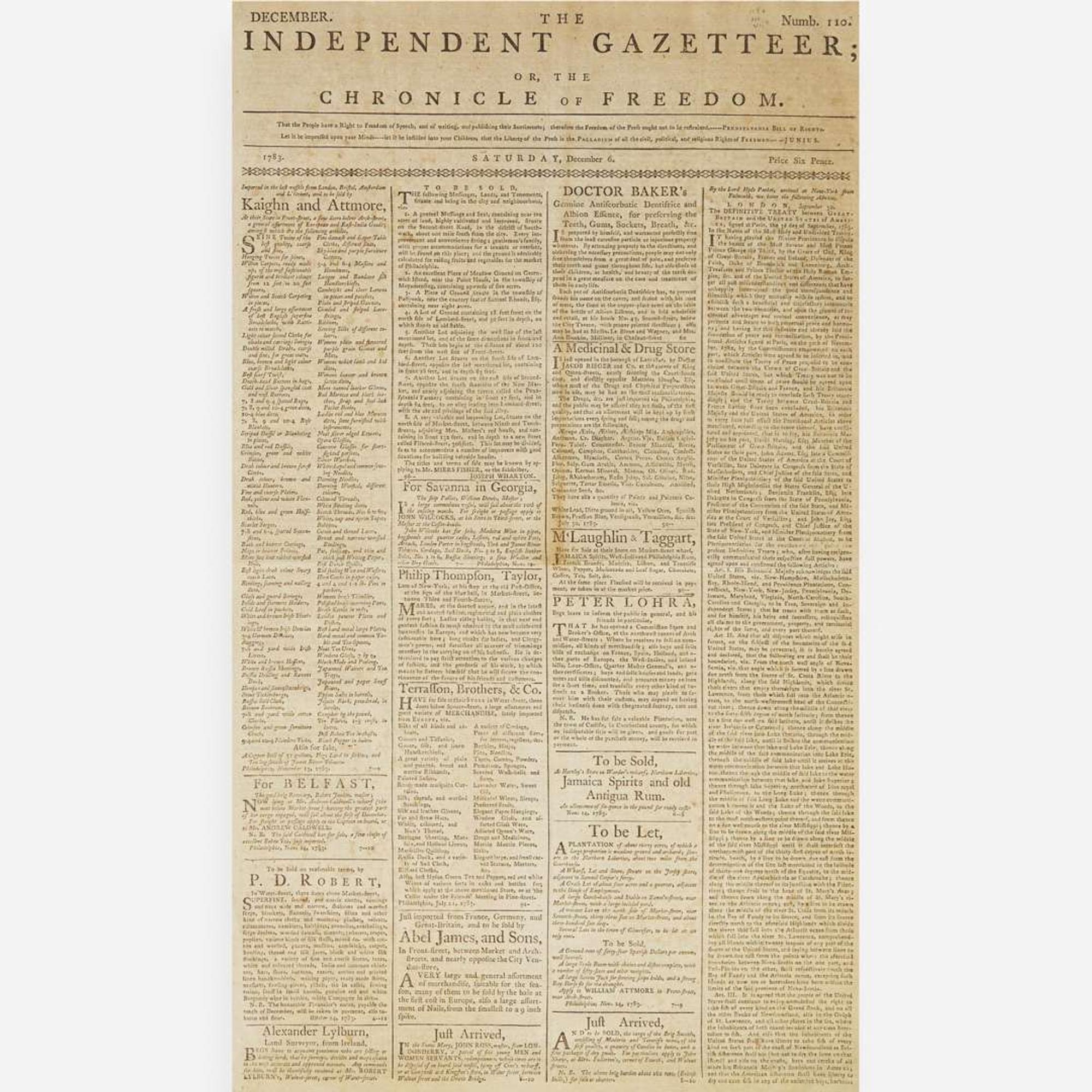 [American Revolution] [Treaty of Paris] The Independent Gazetteer Or, the Chronicle of Freedom