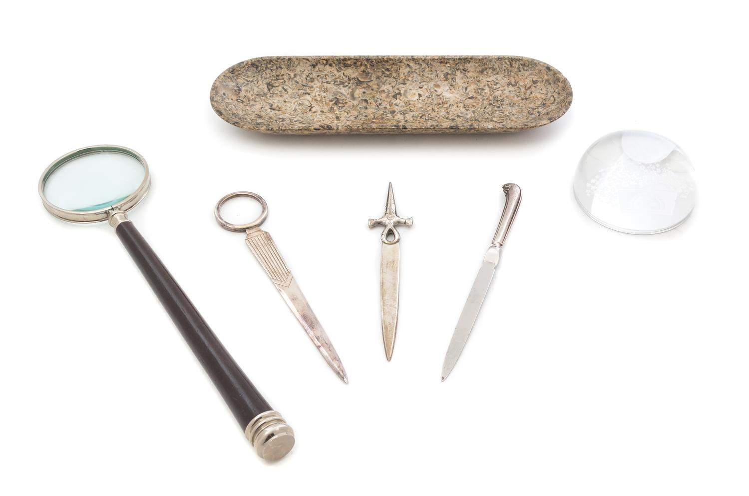 A Group of Decorative Articles Length of magnifying glass 12 5/8 inches.