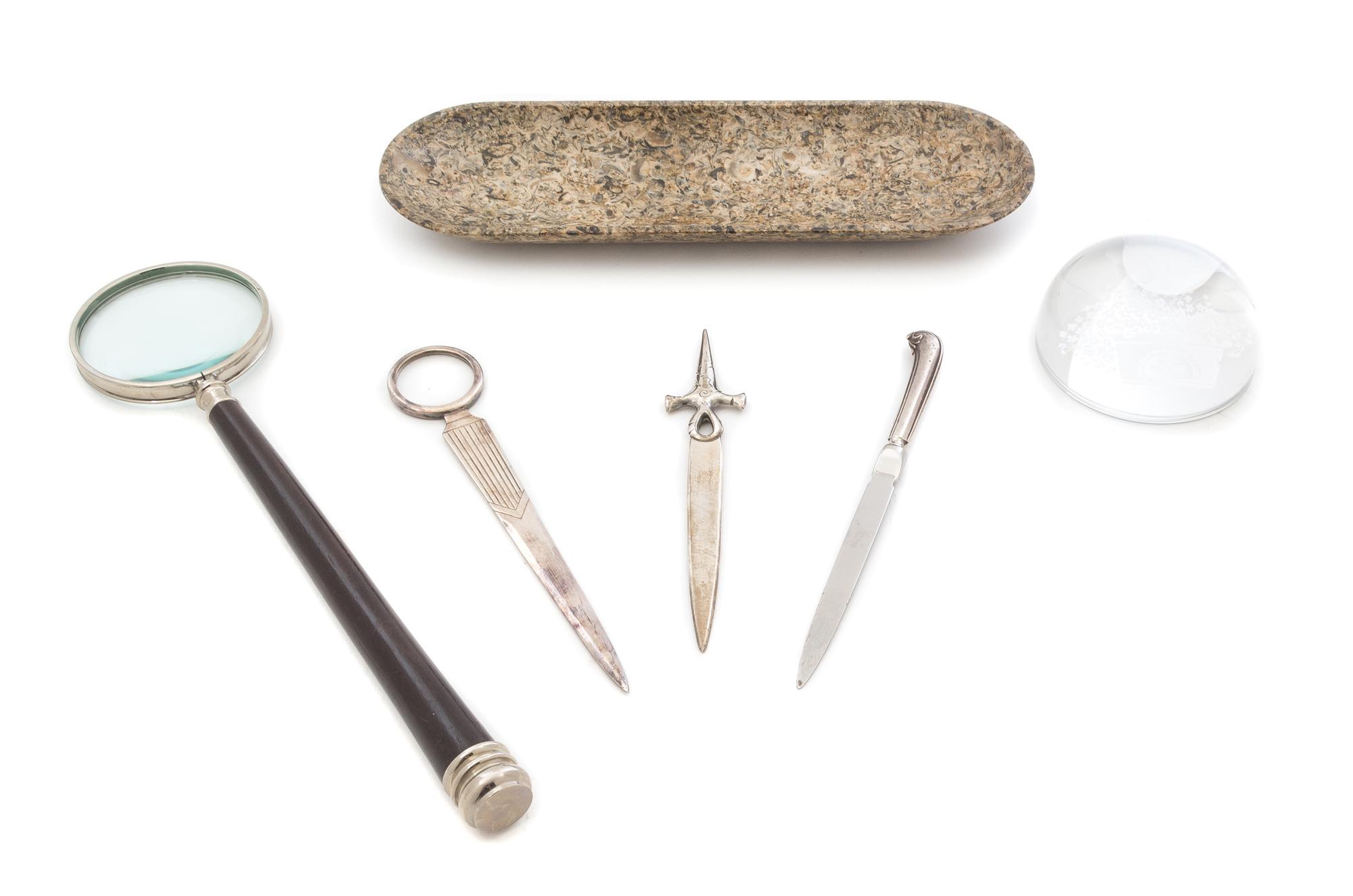 A Group of Decorative Articles Length of magnifying glass 12 5/8 inches.