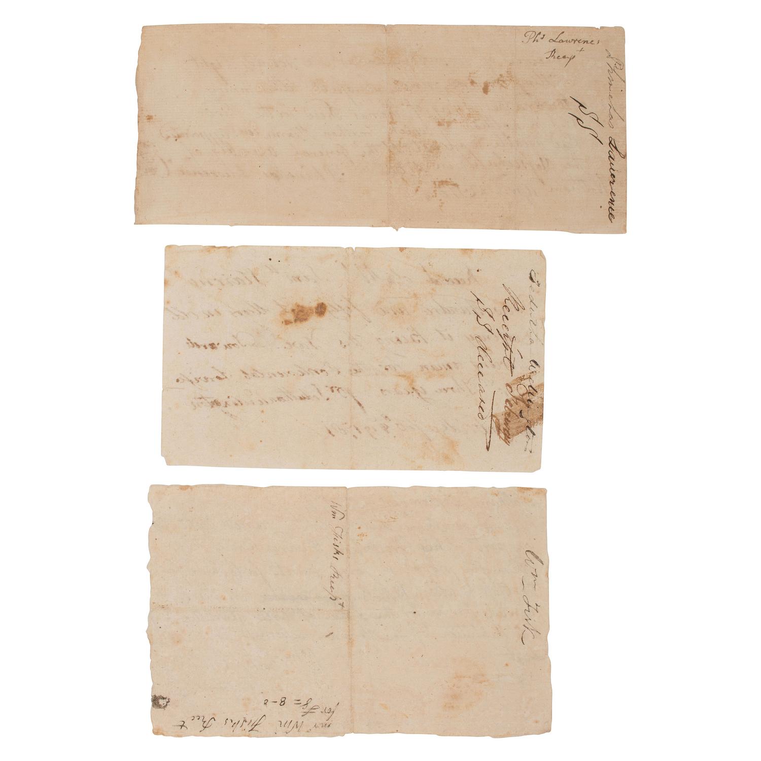 [REVOLUTIONARY WAR]. Group of 3 pay receipts for the hire of a substitute soldier identified to Samuel Stearns of Waltham, Massachusetts.