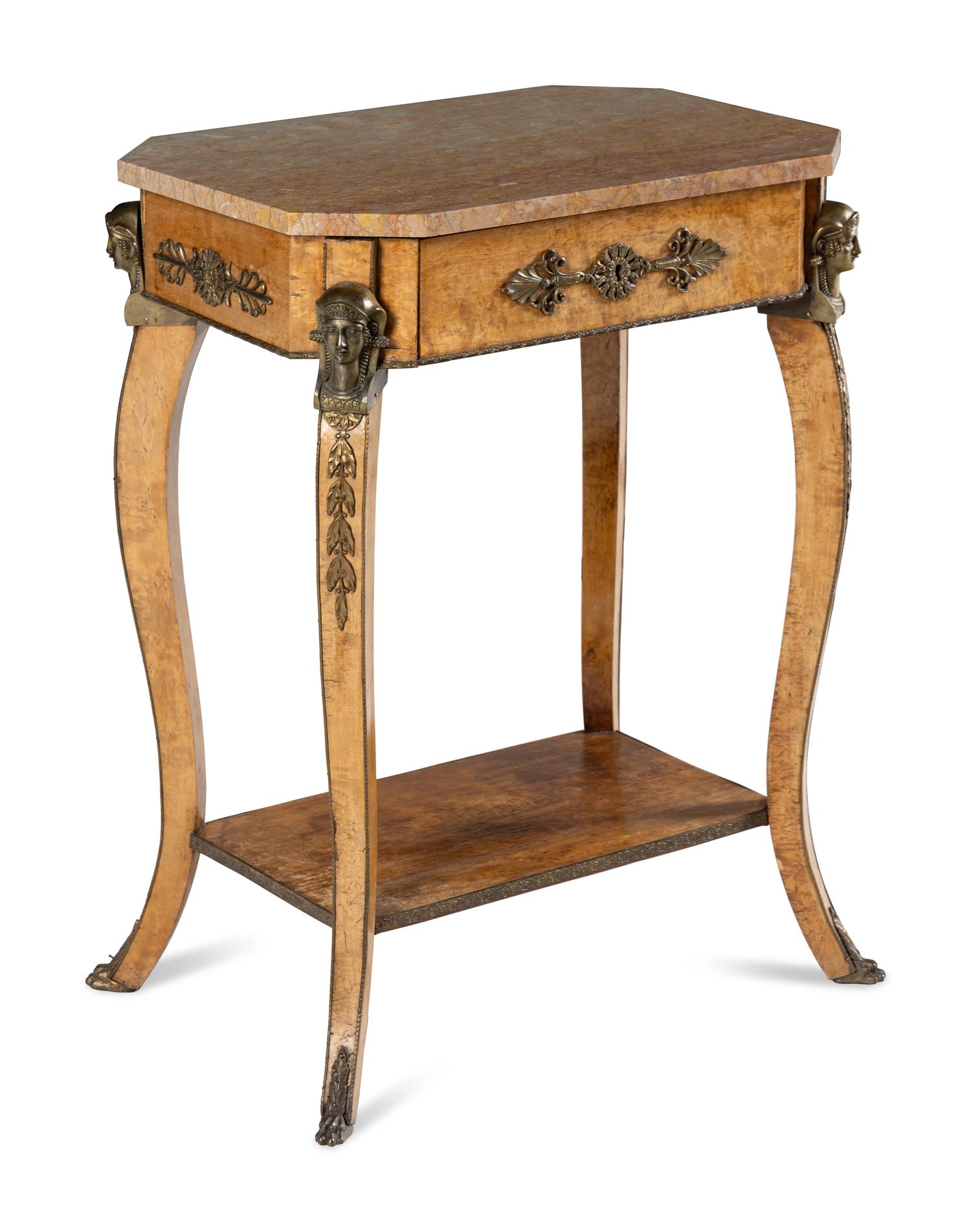 An Empire Style Gilt Bronze Mounted Walnut Marble-Top Occasional Table