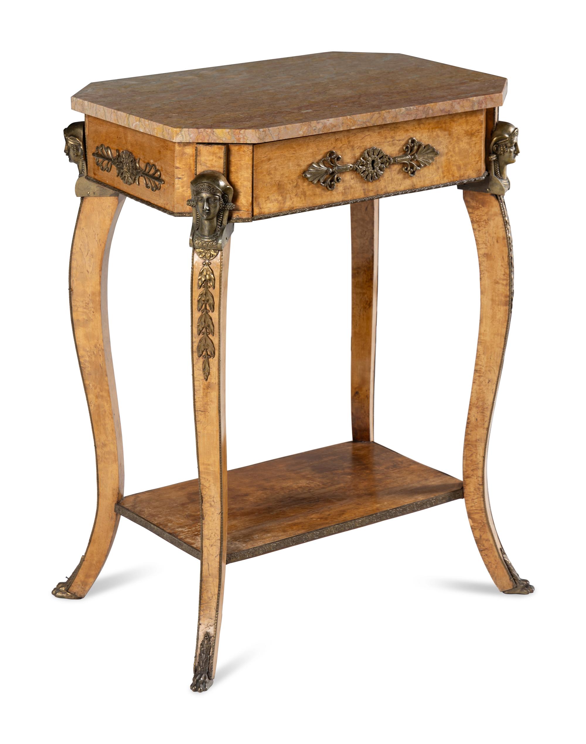 An Empire Style Gilt Bronze Mounted Walnut Marble-Top Occasional Table