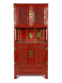 A Chinese Style Carved and Painted Cabinet on Chest — 20TH CENTURY