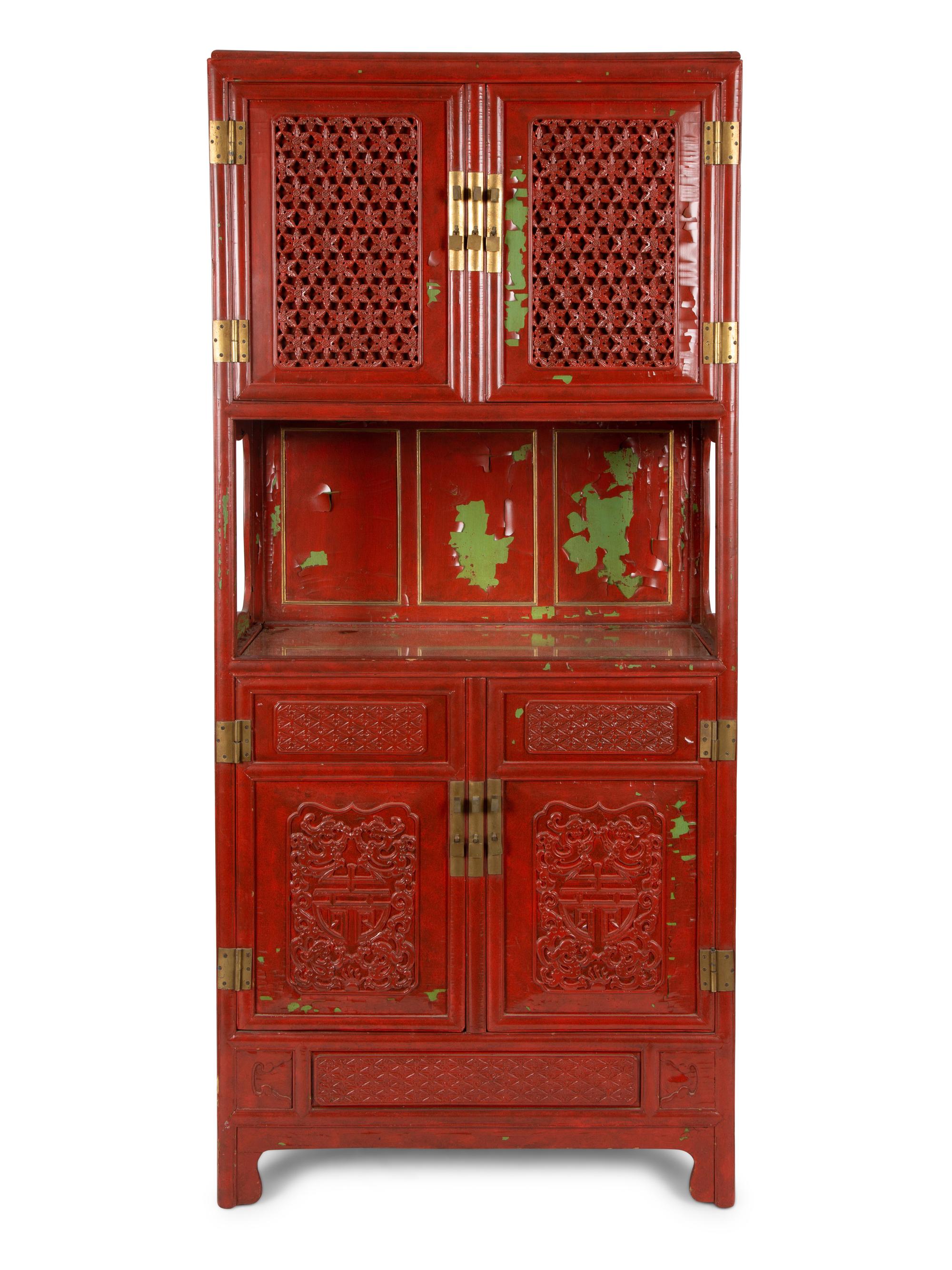 A Chinese Style Carved and Painted Cabinet on Chest — 20TH CENTURY