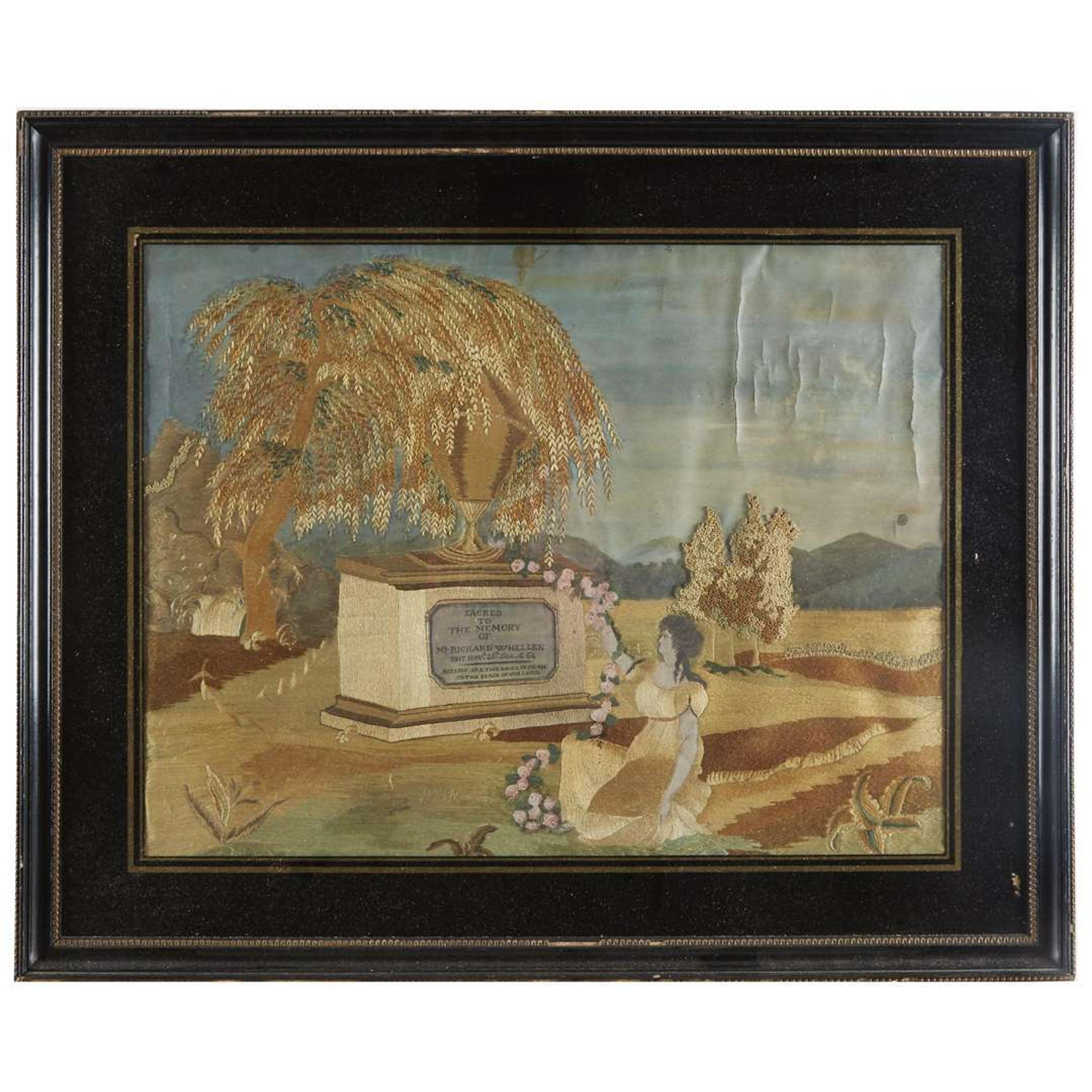 Silk-embroidered mourning picture "Sacred to the memory of Richard Whellen," Boston, MA, circa 1810